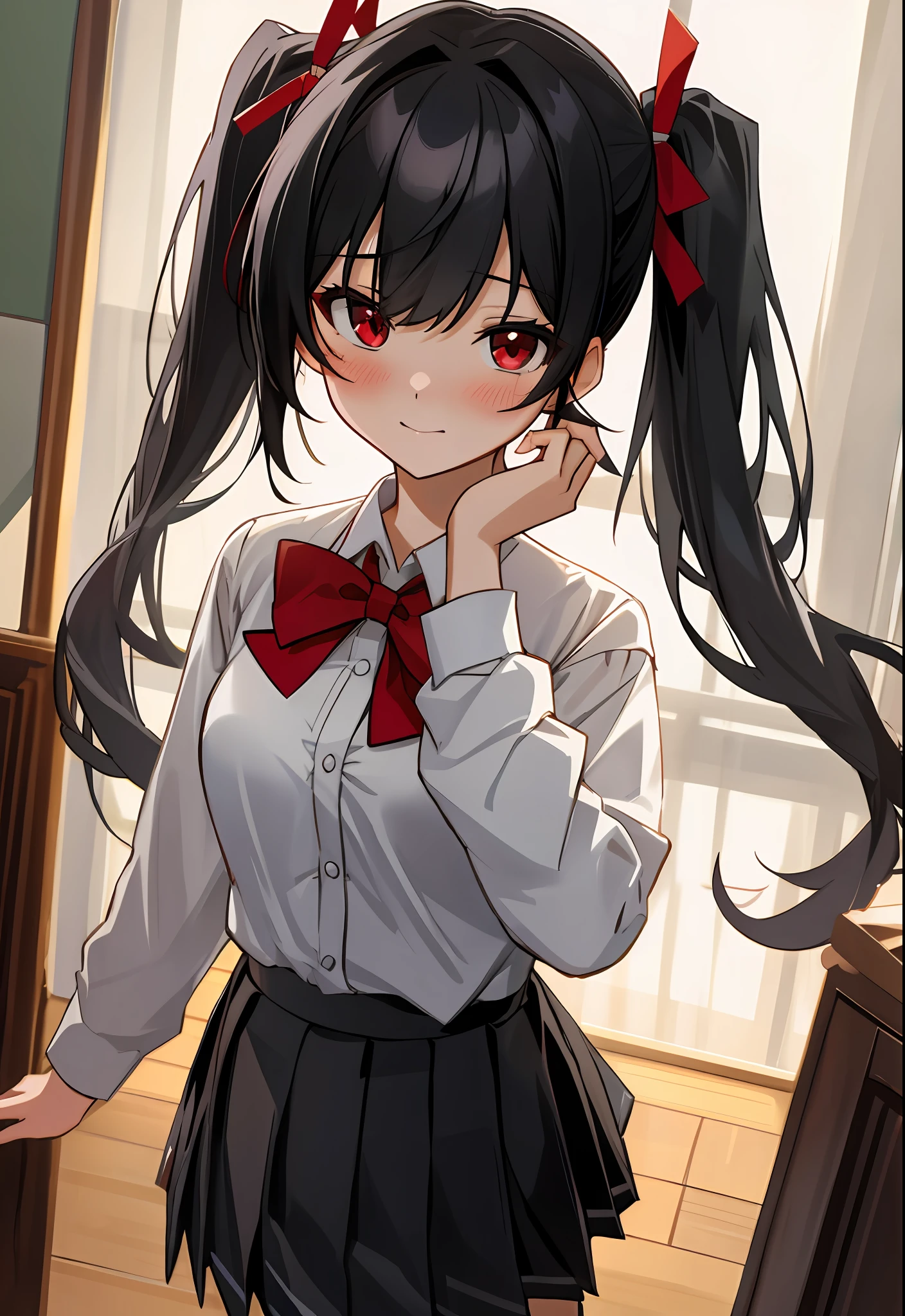 Anime girl with long black hair and red bow tie - SeaArt AI