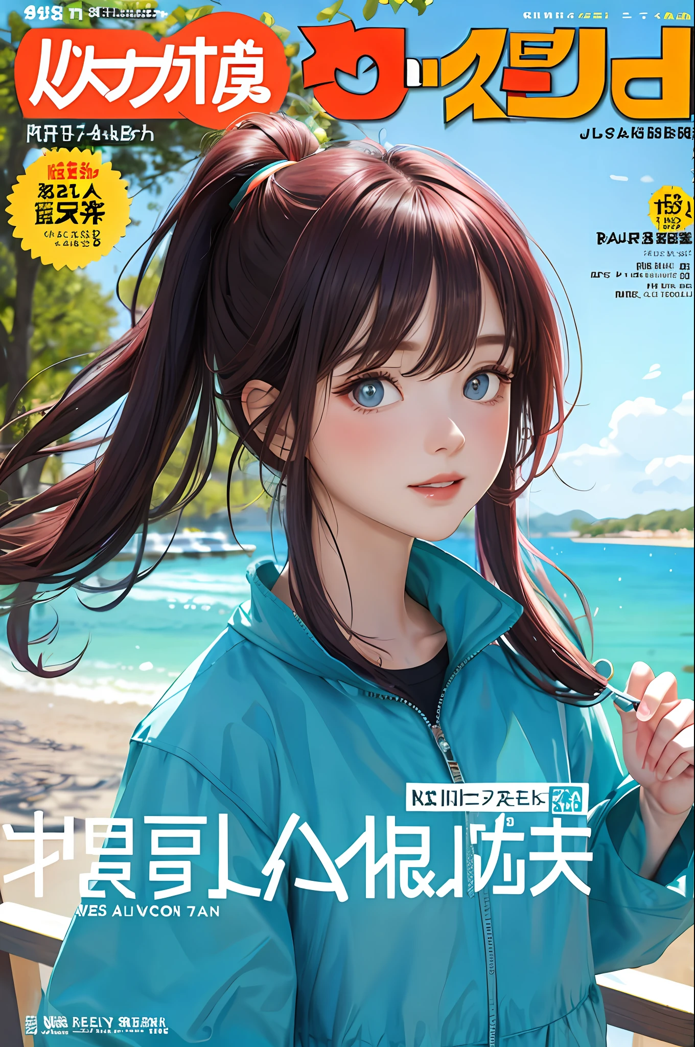 masterpiece, best quality, spring outfit, colorful hair, outdoor, magazine cover ,upper body,