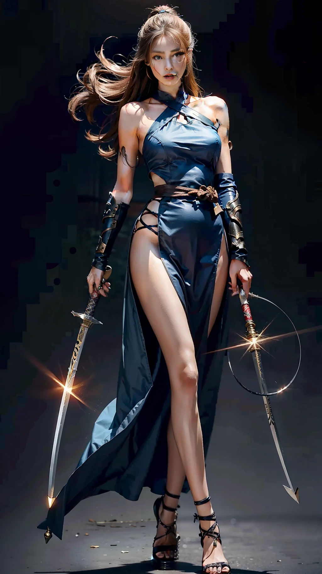 Beautiful supermodel warrior woman with a long sabre. Beautiful proportional face, perfect full body, slim fit,