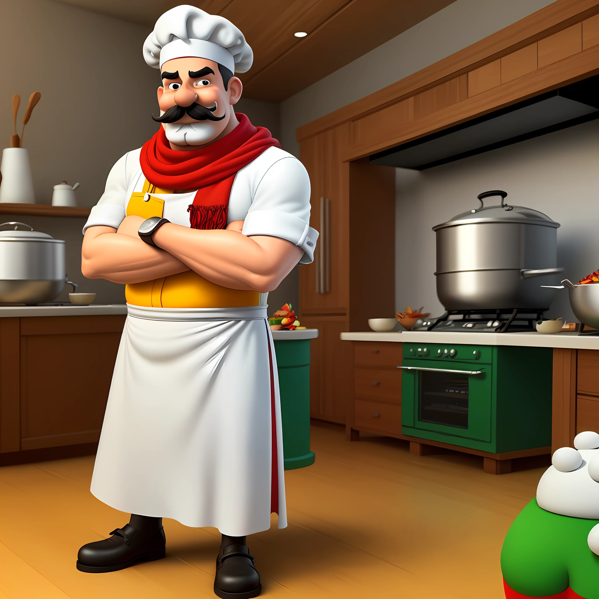 a chef, cartoon, caricature, fat, receptive, full body, with large mustache, and a red and green scarf, cook's den, happy, Portuguese, happy chef, guide, promotional art, 3d character, 3d character, promotional rendering, official art, animation character, pixar style, cartoon character, very happy, (open arms), {caricature}, (caricature),