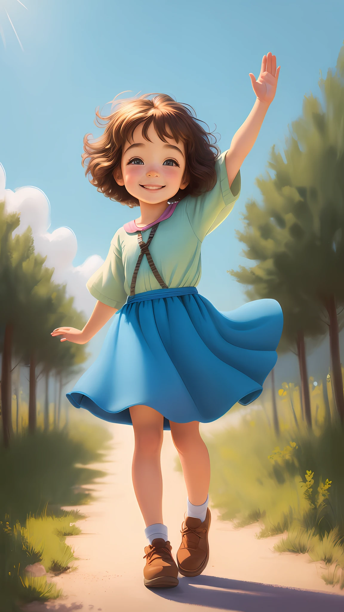 (Pixar Style 1.25) Portrait of a happy  girl saying goodbye to her parents in school uniform