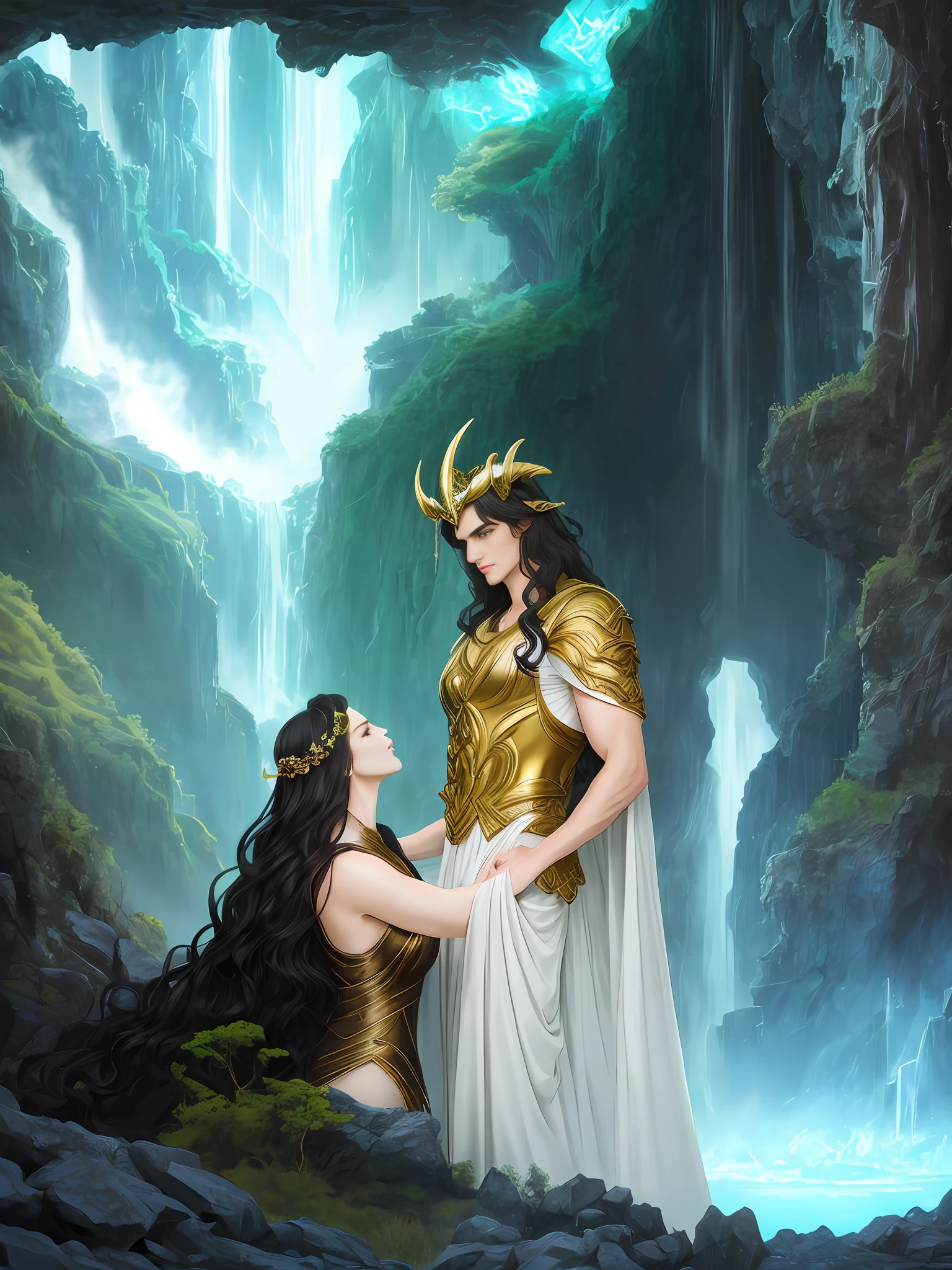A surreal and ethereal landscape of the Greek God Hades, tall and imposing, seductive and manly, with horns and long black hair, blue eyes, beautiful perfect face, strong and perfect body, and of the Greek goddess Persephone with green eyes curly blonde hair and the perfect face, while they are both in a dreamlike embrace in the depths of the underworld,  Detailed rendering of every detail, detailed rendering of the face, realistic and perfect rendering, high resolution, 8K, kiss.