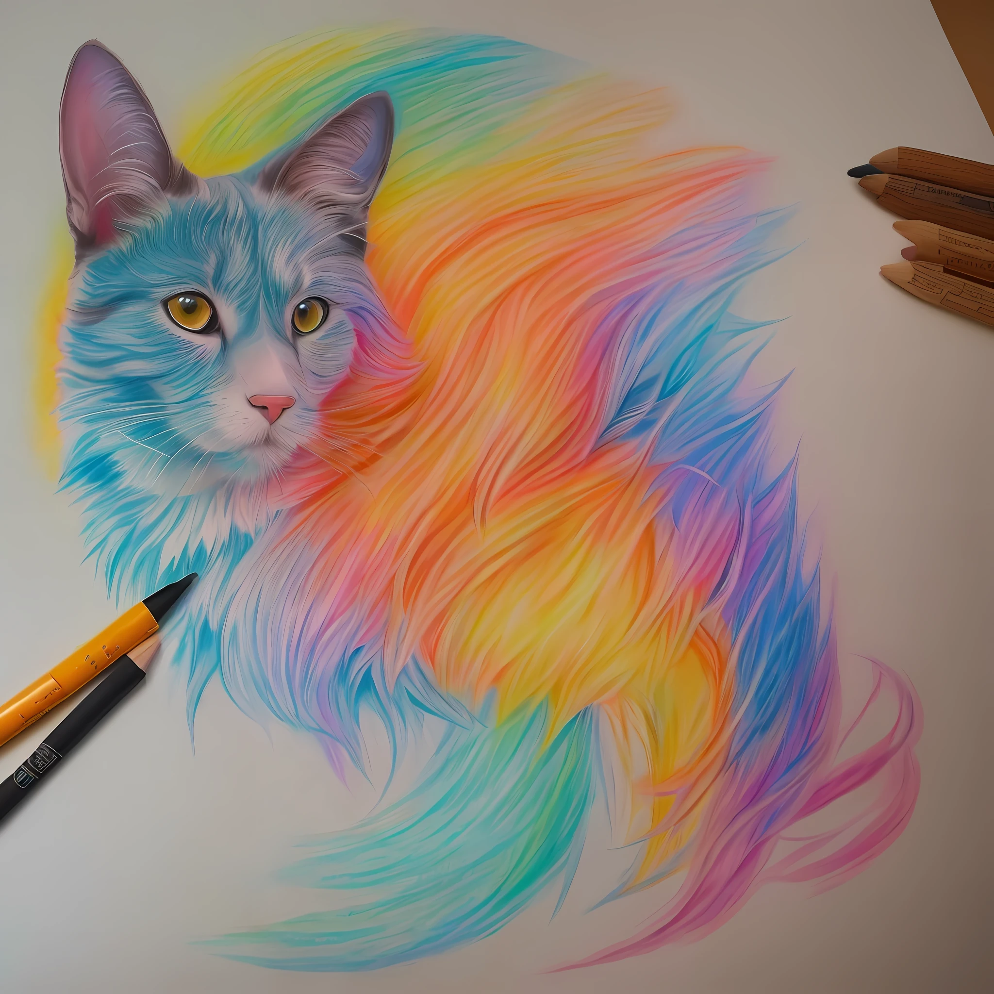 Drawing on an a3 sheet, of a tattoo composed of a girl, a dog, a cat, colored with warm colors