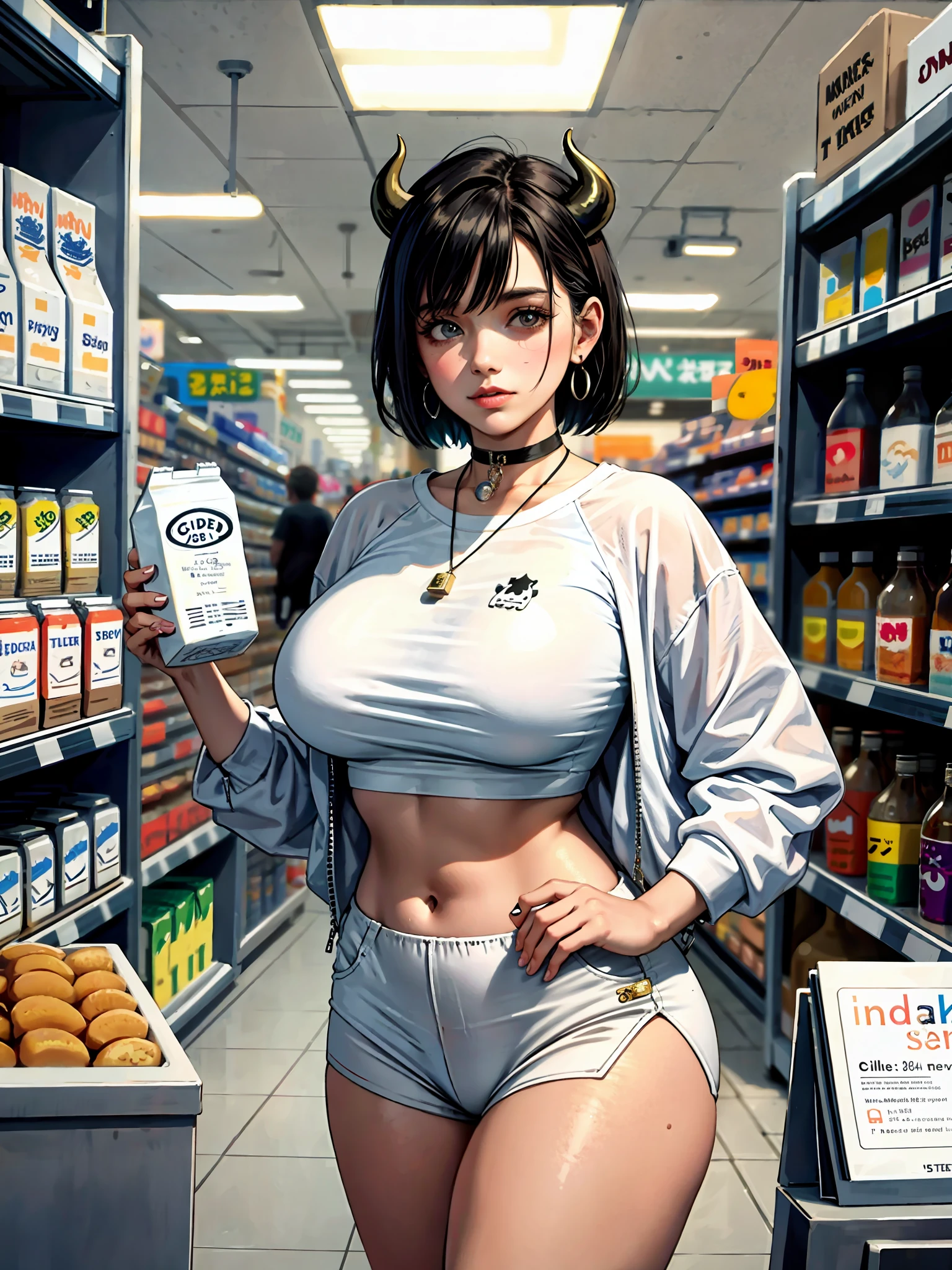 Hucow girl holding a big milk carton, masterpiece, candid photo, shy, short hair, big eyes, (detailed face), curvy, enormous breasts, two symmetrical horns, white (tight shirt), crop top, cute open (cow pattern) jacket, choker with bell, (in a colorful supermarket), mature female, thick thighs, earrings, high detail, ultra-detailed, retro, [big lips]