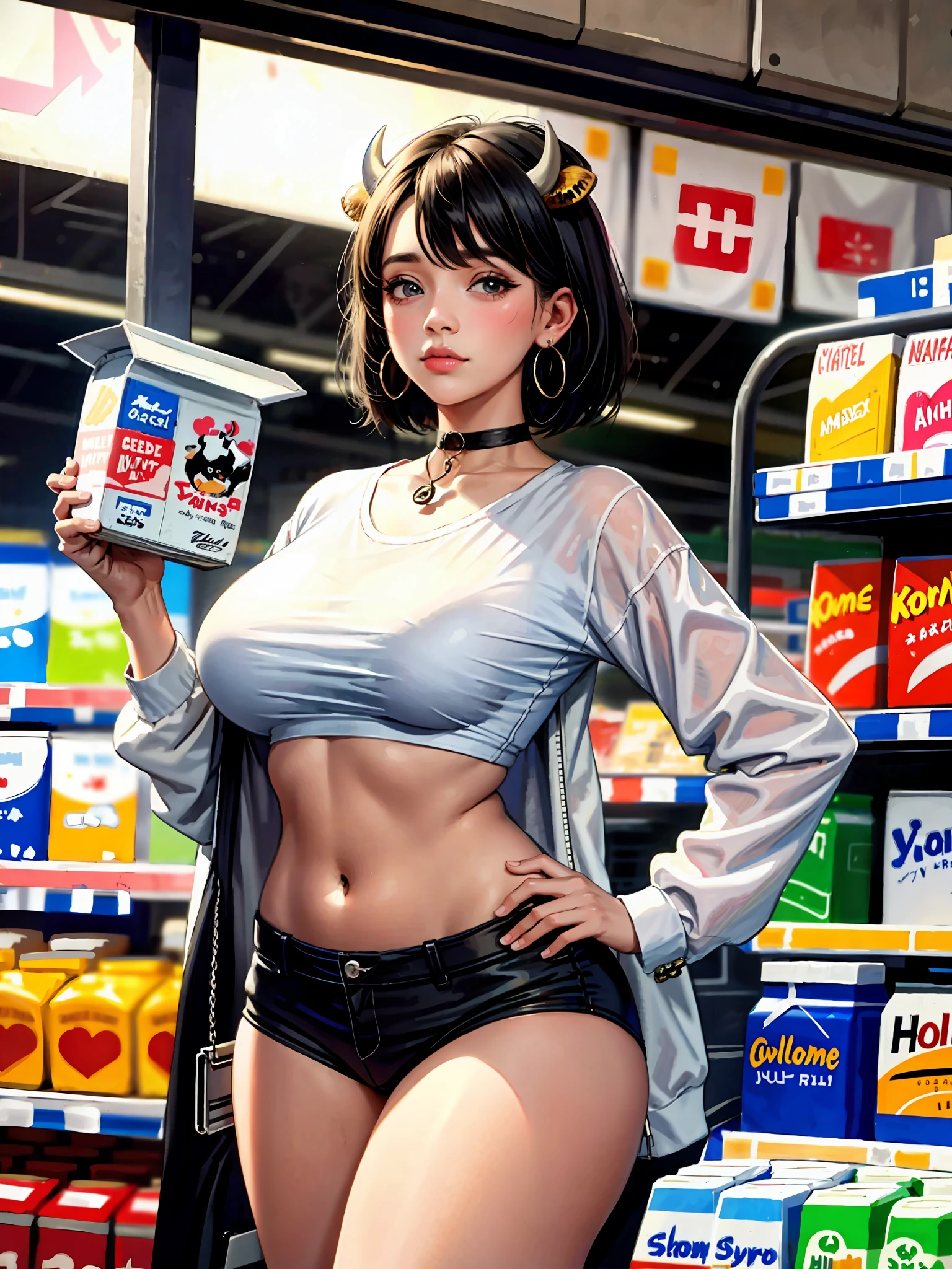 Hucow girl holding a big milk carton, masterpiece, candid photo, shy, short hair, big eyes, (detailed face), curvy, enormous breasts, two symmetrical horns, white (tight shirt), crop top, cute open (cow pattern) jacket, choker with bell, (in a colorful supermarket), mature female, thick thighs, earrings, high detail, ultra-detailed, retro, [big lips]