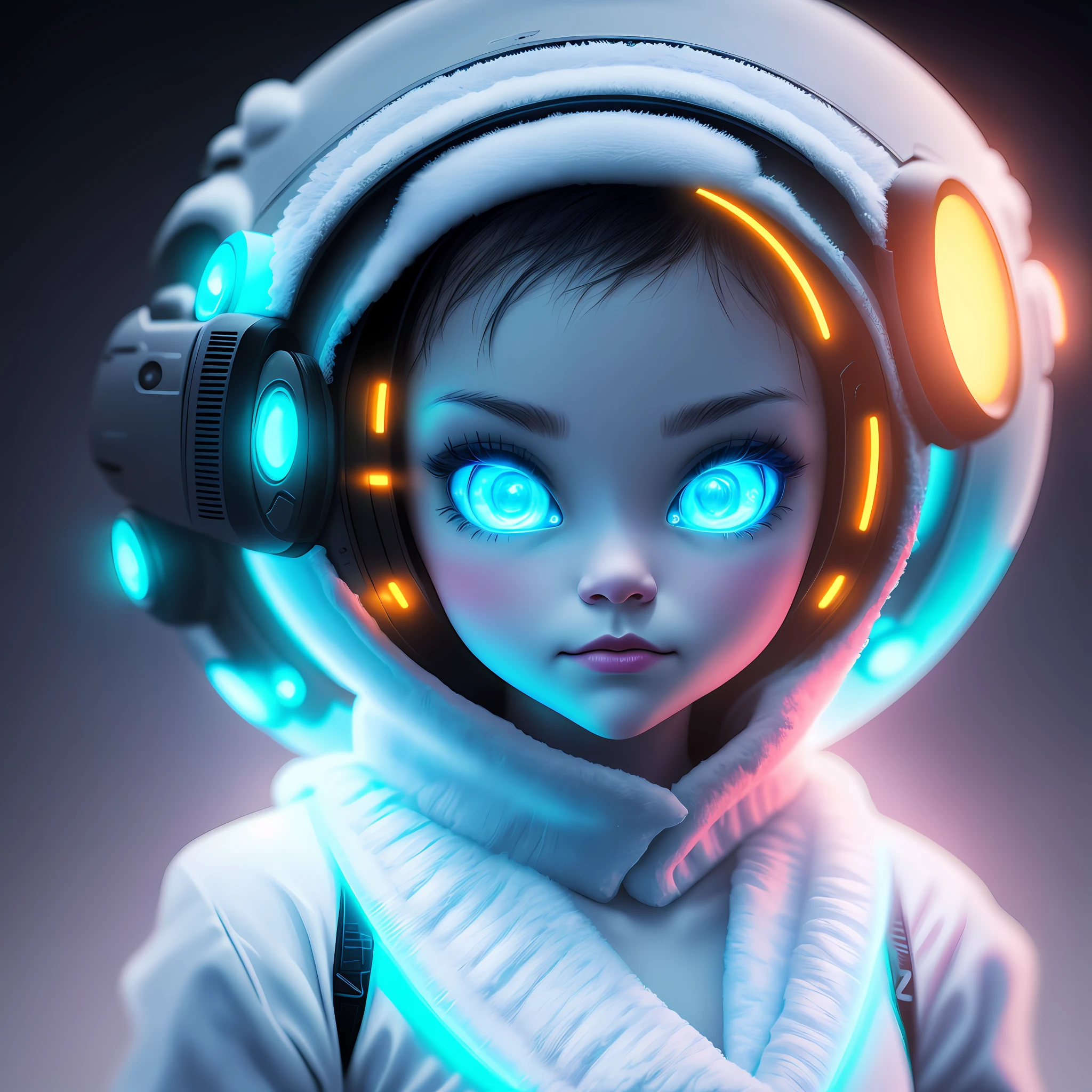 snowapocalypse portrait of super cute Alien, dark light, neon signs, haunting atmosphere, digital art , intricate, 8k resolution, super high quality,