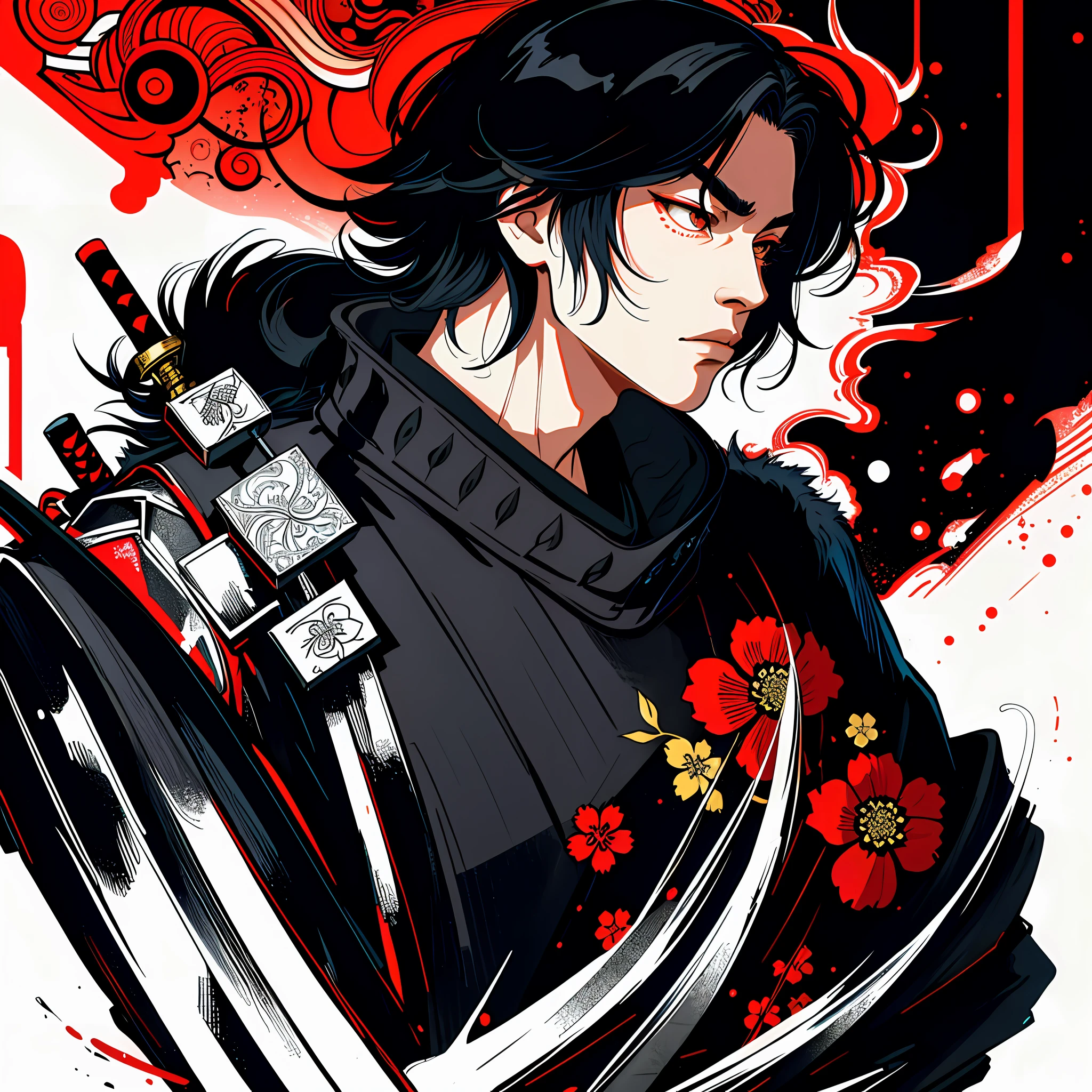 (inked original-art:1.2),(lineart:1.31),portrait , Asian Male, oni eyes, wearing samurai armor with fur, Katana (depth), Short-Medium length hair, dramatic,poster-art,(hyperdefined),(side profile),(thin-lines), Black hair color, fantasy asian aesthetic,complex-lighting,Dramatic-lighting(fine-details:1.3),RAW-format,(limited-palette),clean,intricate