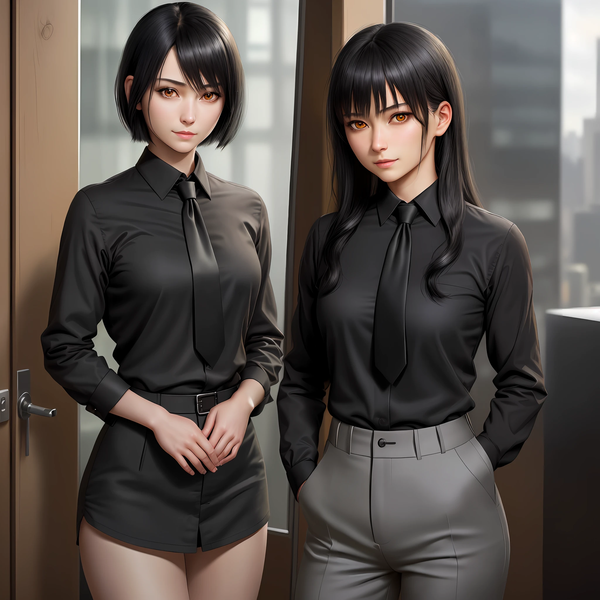 detailed skin, (realistic, photo-realistic:1.4), a pretty girl, standing, looking out of window, black t-shirt, black necktie, black trousers, long sleeves, slight smile (nose blush), yellow eyes + ringed eyes, short hair + black hair + long hair, Asa Mitaka \(chainsaw man\)
