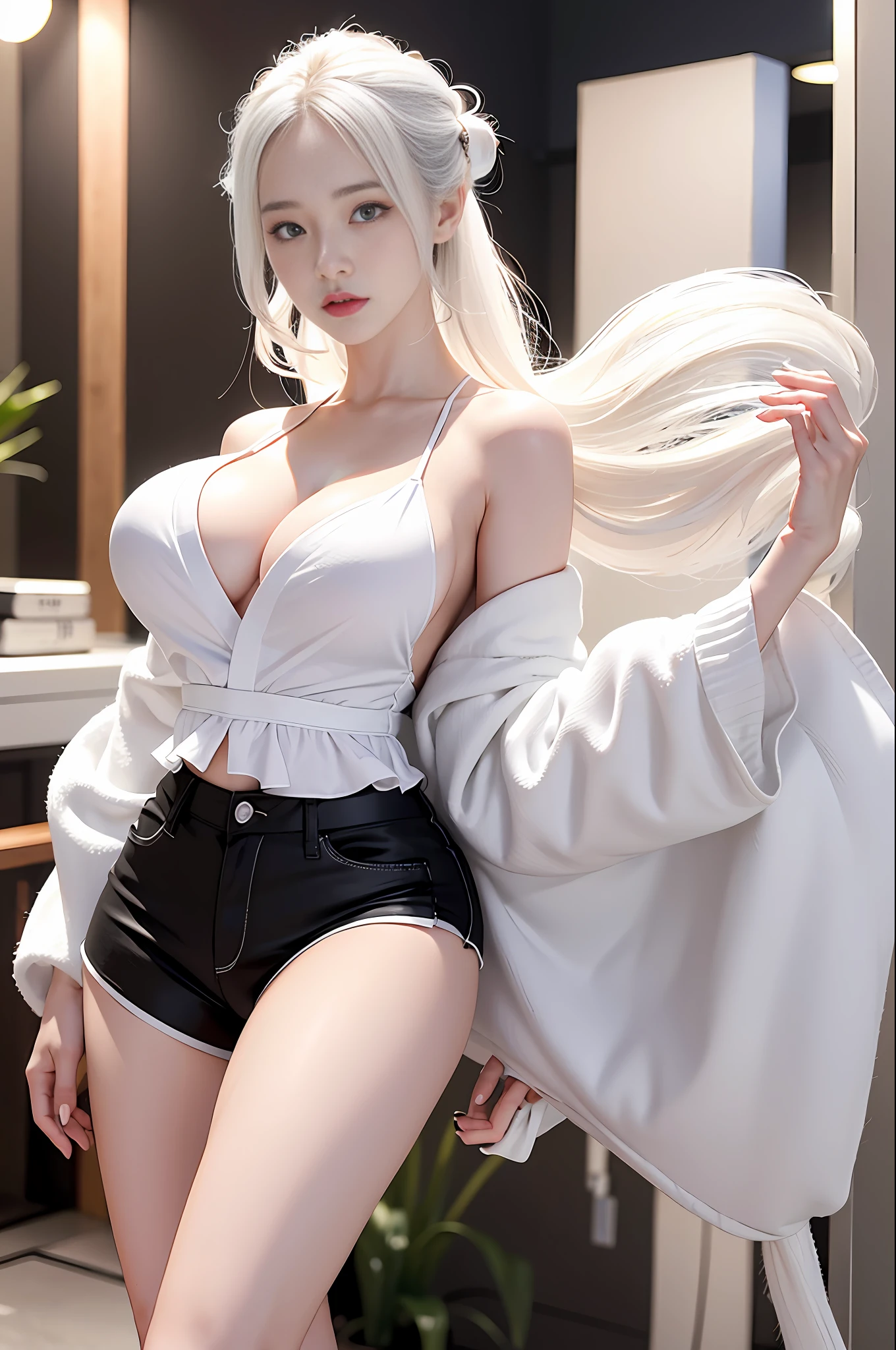 photorealistic, high resolution, 1 girl, white wavy hair, korean, heterochromia eyes, small mole below eye, white kimono, tight black shorts, large breast, thickest thighs