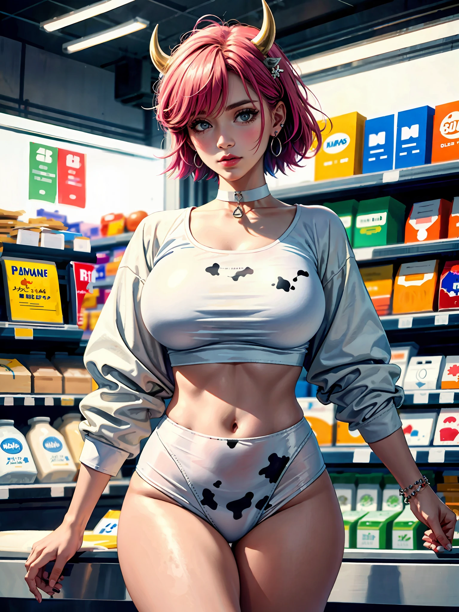 Hucow girl holding a big milk carton, masterpiece, candid photo, shy, short hair, big eyes, (detailed face), curvy, enormous breasts, two symmetrical horns, white (tight shirt), crop top, cute open (cow pattern) jacket, choker with bell, (in a colorful supermarket), mature female, thick thighs, earrings, high detail, ultra-detailed, retro, [big lips]
