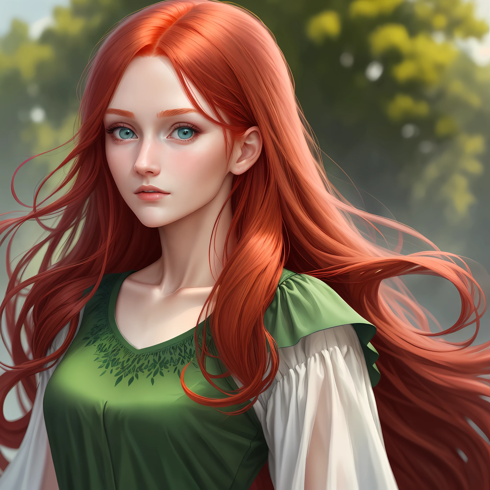 1girl red hair, long green dress, thin nose, blue eyes, realistic, hyper realistic, detailed face, (((beautiful face))