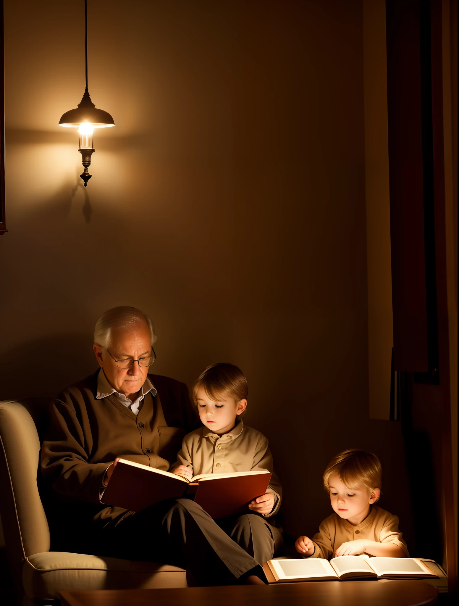 just an old man reading a book to ( ONE CHILD), twilight light, warm atmosphere, cultured atmosphere, (masterpiece) (perfect proportion) (photo realistic) (best quality) (detailed) (8k) (HDR) (wallpaper) (cinematic lighting) (sharp focus) (intricate)