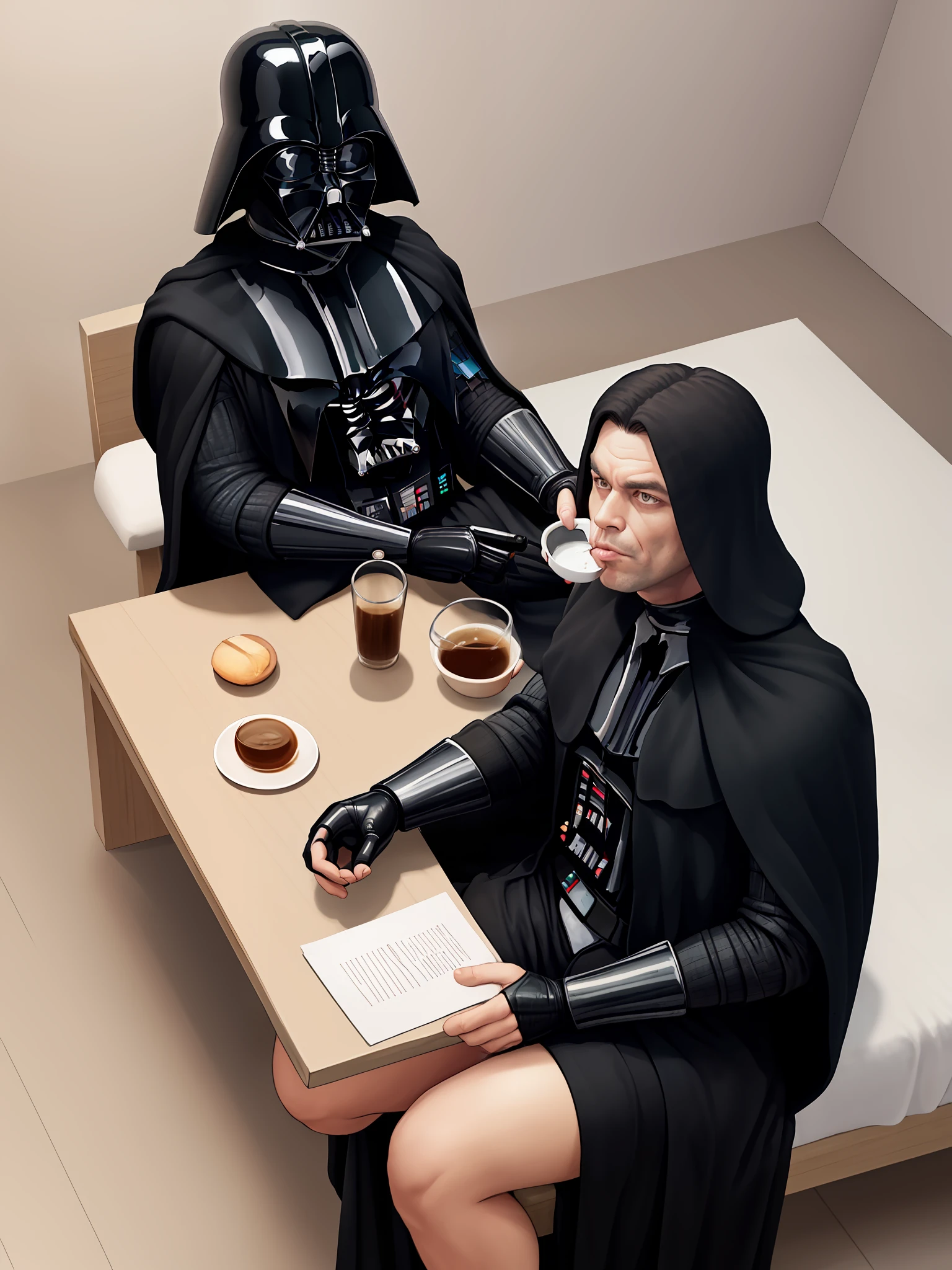 Darth Vader sitting down drinking coffee in his pajamas