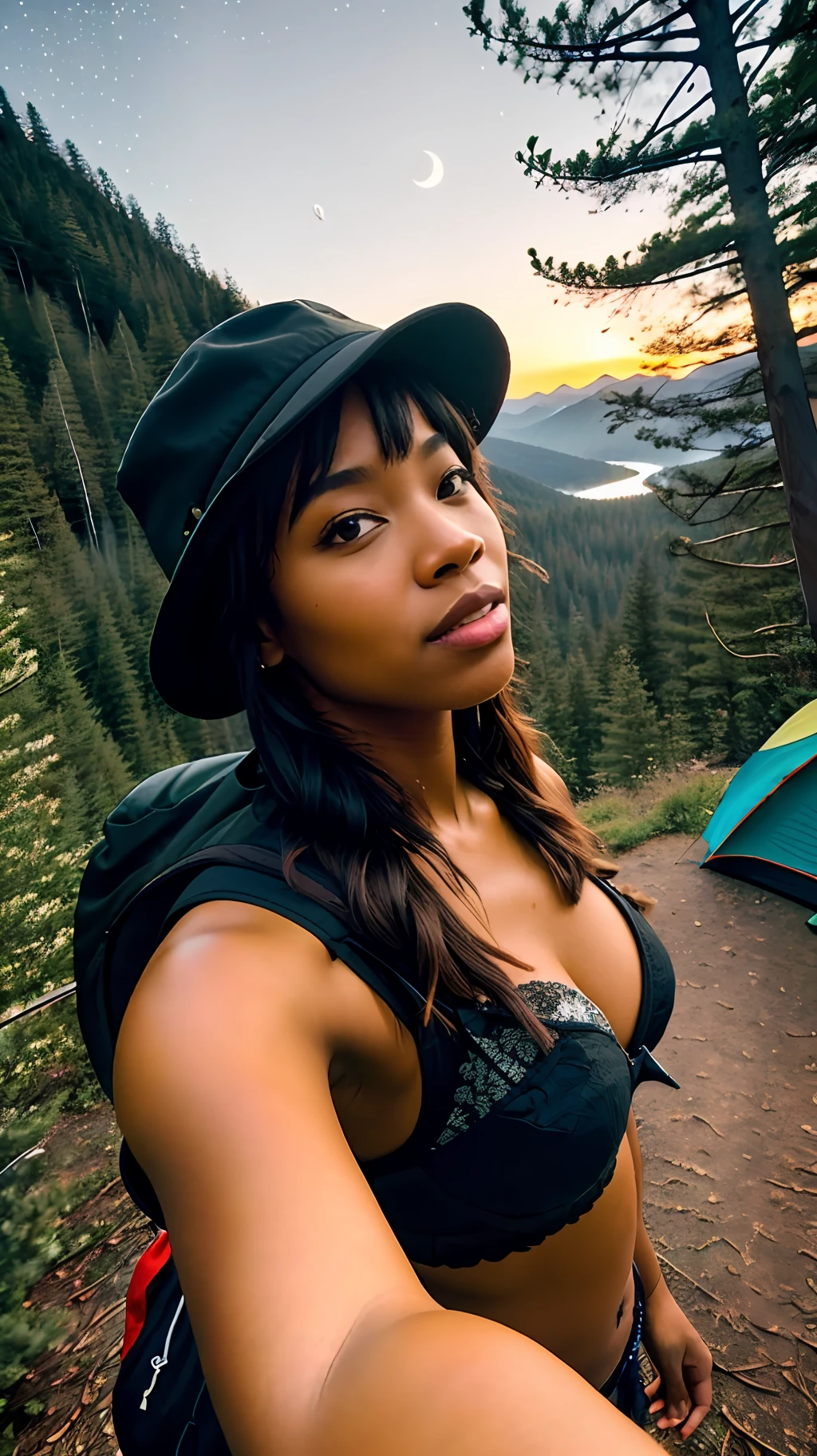 1 black woman wearing a lingerie ((upper body selfie, happy)), masterpiece, best quality, ultra-detailed, solo, outdoor, (night), mountains, nature, (stars, moon) cheerful, happy, backpack, sleeping bag, camping stove, water bottle, mountain boots, hat, lantern, forest, rocks, river, wood, smoke, shadows, contrast, clear sky, style, (warm hue, warm tone)
