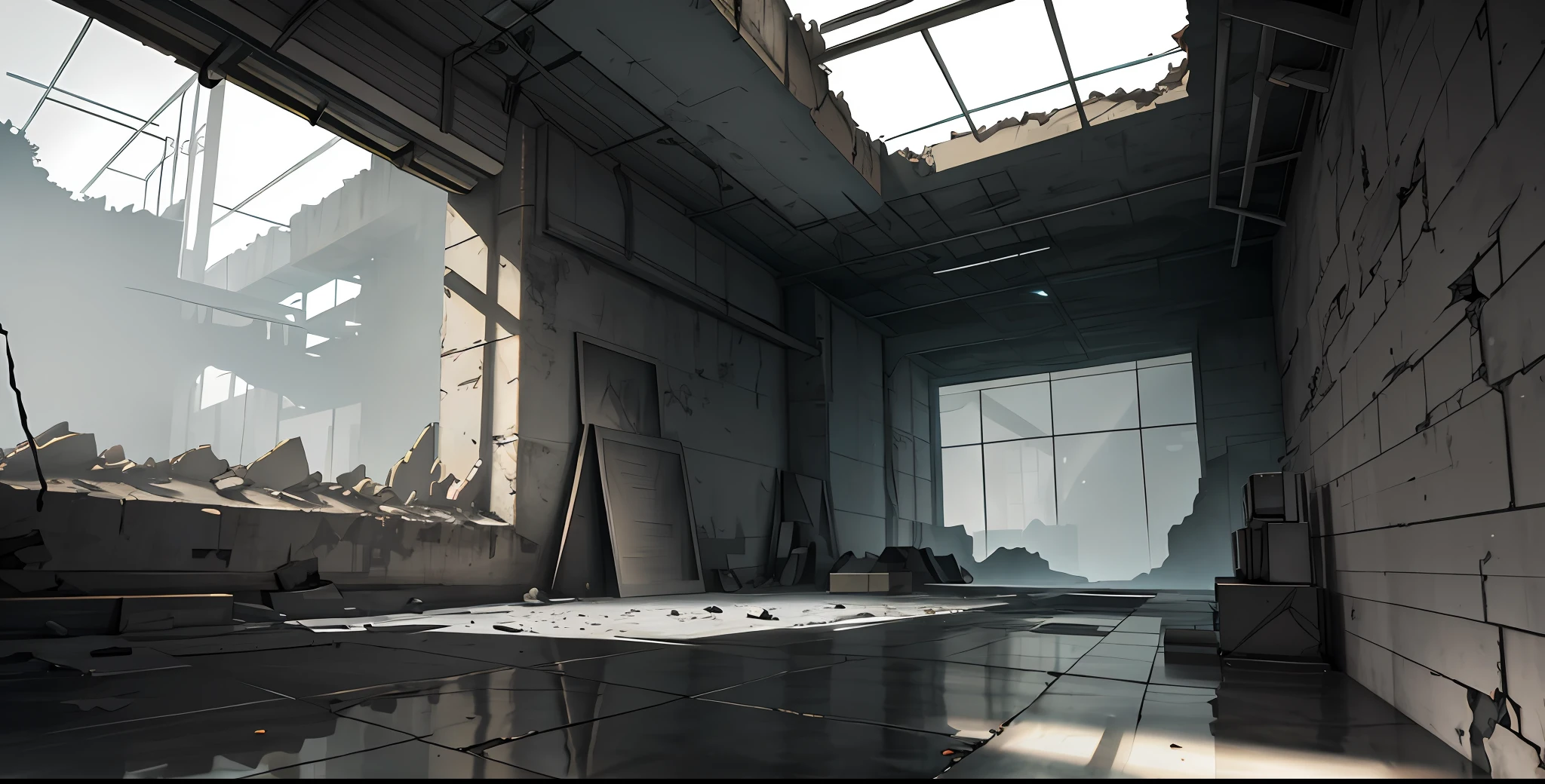There is a large laboratory,with glazing,transparent,rendered in Unreal Engine, peeled ceilings, broken slabs, steel bars between cracks, realistic material details, extreme details, hyper-realistic materials, photos of internal ruins, Unreal Engine rendering concept art, broken walls, Unreal Engine art, dramatic lighting. Concept art, rendered in Unreal 5, ((Unreal Engine)), Unreal Engine Art 5