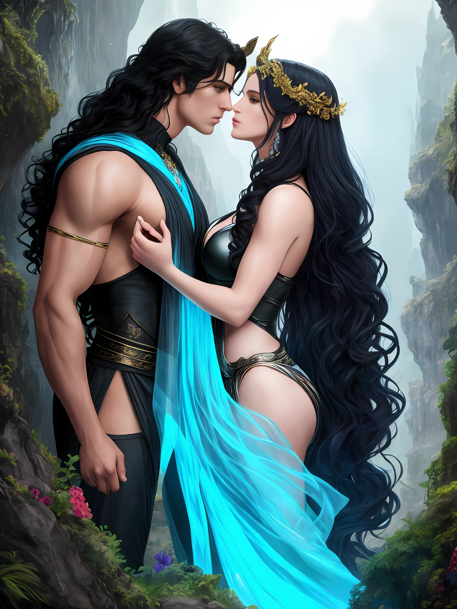 arafed image of a couple of people in a fantasy setting, magali villeneuve', romance novel cover, by Magali Villeneuve, inspired by Magali Villeneuve, abaddon and magali villeneuve, artgerm and genzoman, charlie bowater and artgeem, graphic artist magali villeneuve, digital fantasy art )
