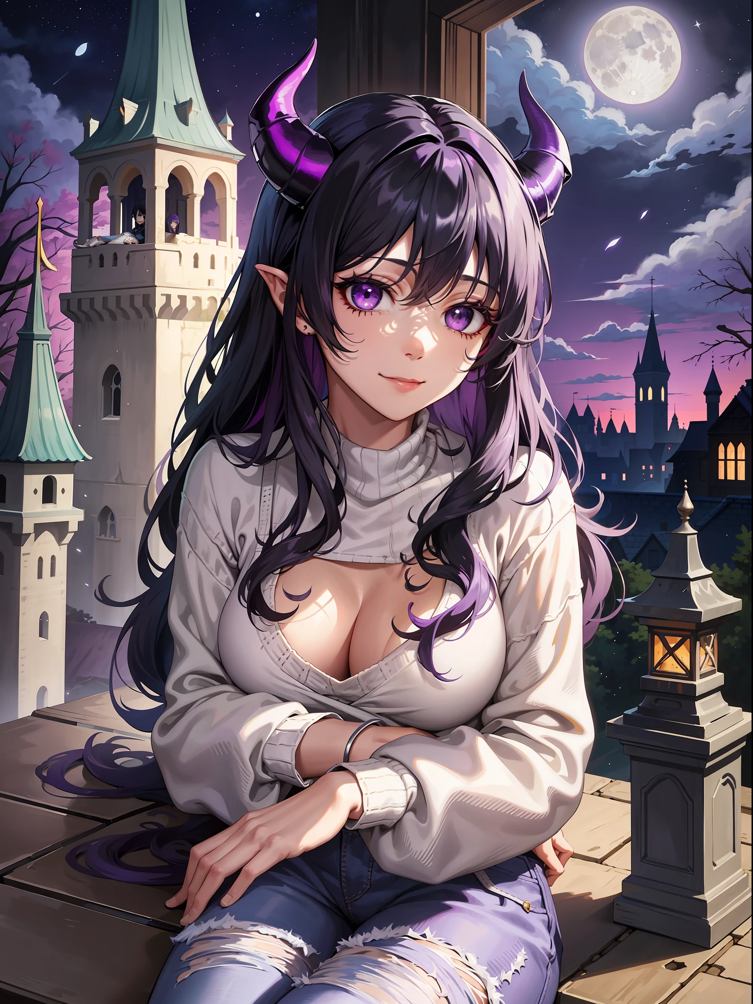 (Milf:1.2) ((gelbooru, pixiv, detailed eyes, detailed face)), ((solo)), 1girl,, ((two demon horns color fading from light purple to dark purple)), ((sharp but gentle eye shape, purple eye color)), medium chest, (((black hair, long hair, middle strand, messy hair)), looking at viewer, smile, ((bleached jeans, white sweater)), cloudy sky, moon night, moon shine, sitting on castle wall, castle background, hands next to body