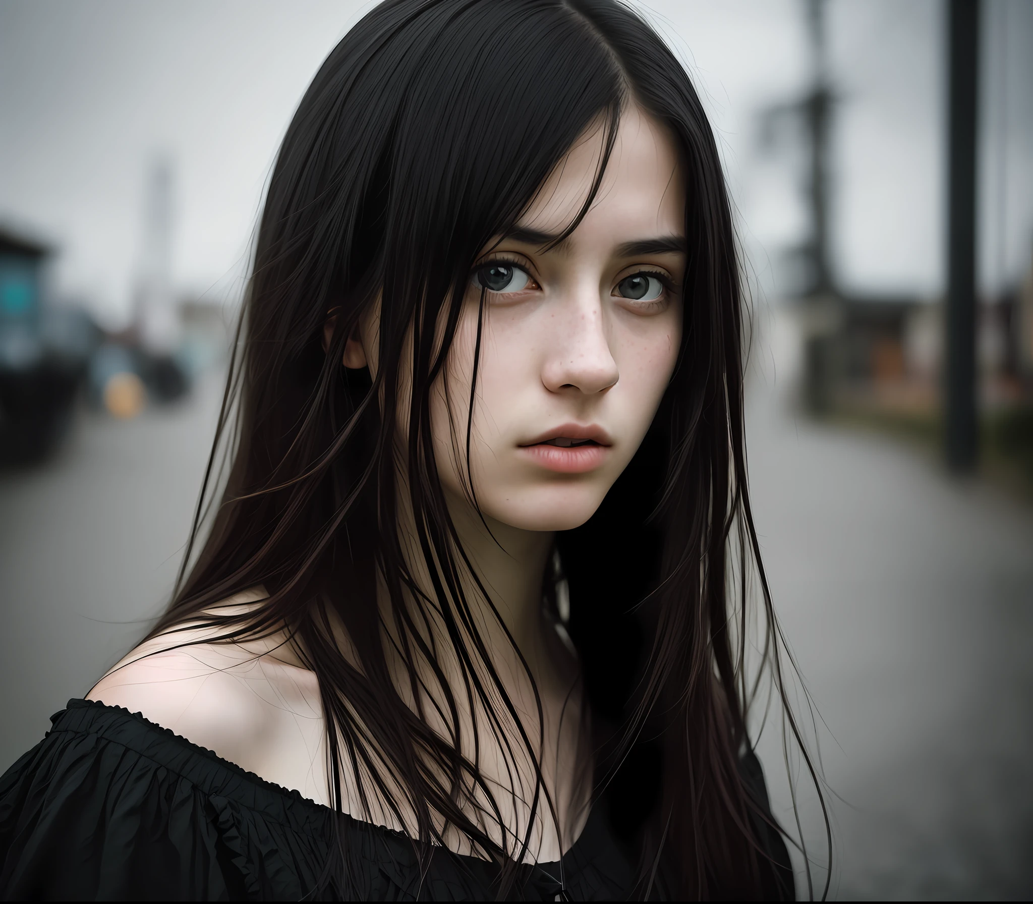 Solo portrait photo of a 20 year old real life girl, 1girl super realistic photo, long straight black hair, eyes one of each color, a single girl, dark fantasy background, by Ando Fuchs and Julius Horsthuis ultra realistic highly detailed intricate photorealistic style photography sharp focus on the eyes, cinematic lighting