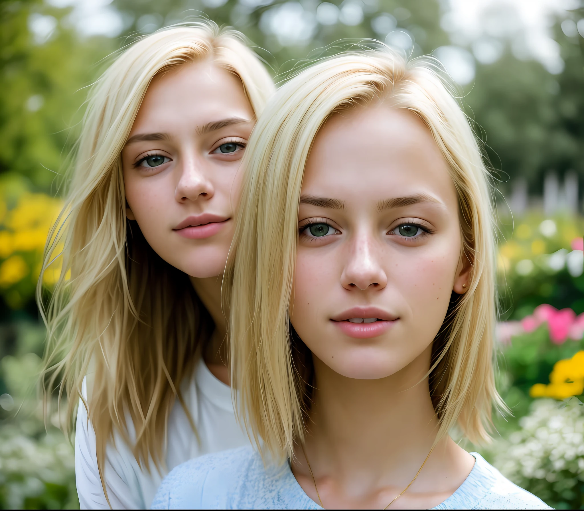 Solo portrait photo of a 20 year old real life girl, 1girl, Bob blonde hair, super realistic photo, brown eyes, a single girl, garden background, by Ando Fuchs and Julius Horsthuis ultra realistic highly detailed intricate photorealistic style photography sharp focus in the eyes, cinematic lighting, charming smile, closeup on the face, amazing details, beautiful face