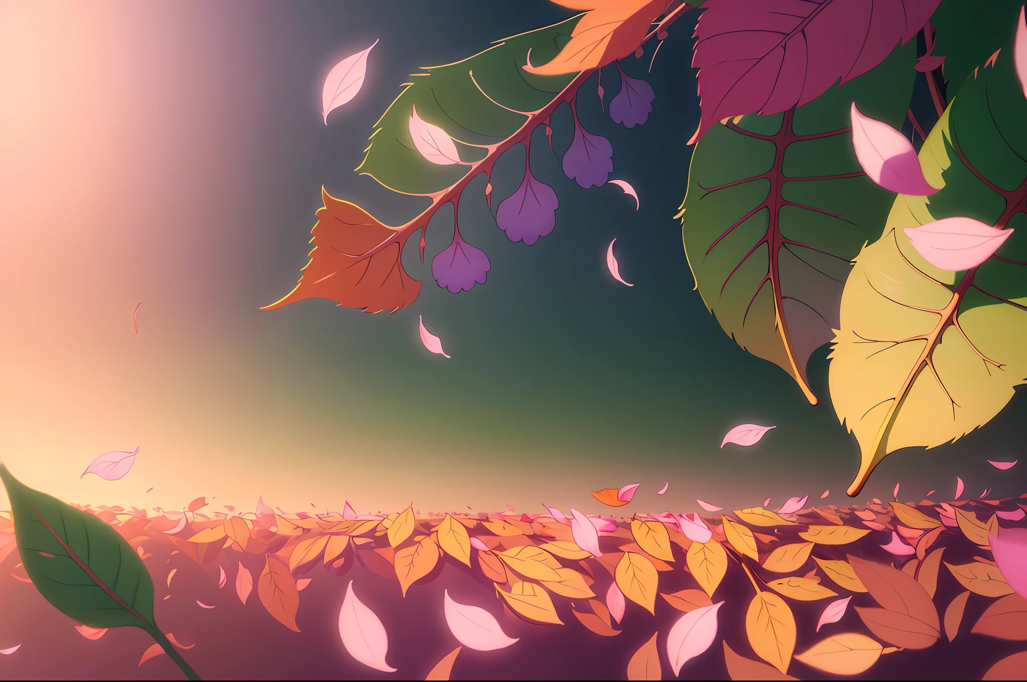 Masterpiece, best quality, (very detailed CG unity 8k wallpaper) (best quality), (best illustration), (best shadows) Nature's delicate leaves petals of various colors falling in the air light Tracking, super detailed , wanostyle --v6