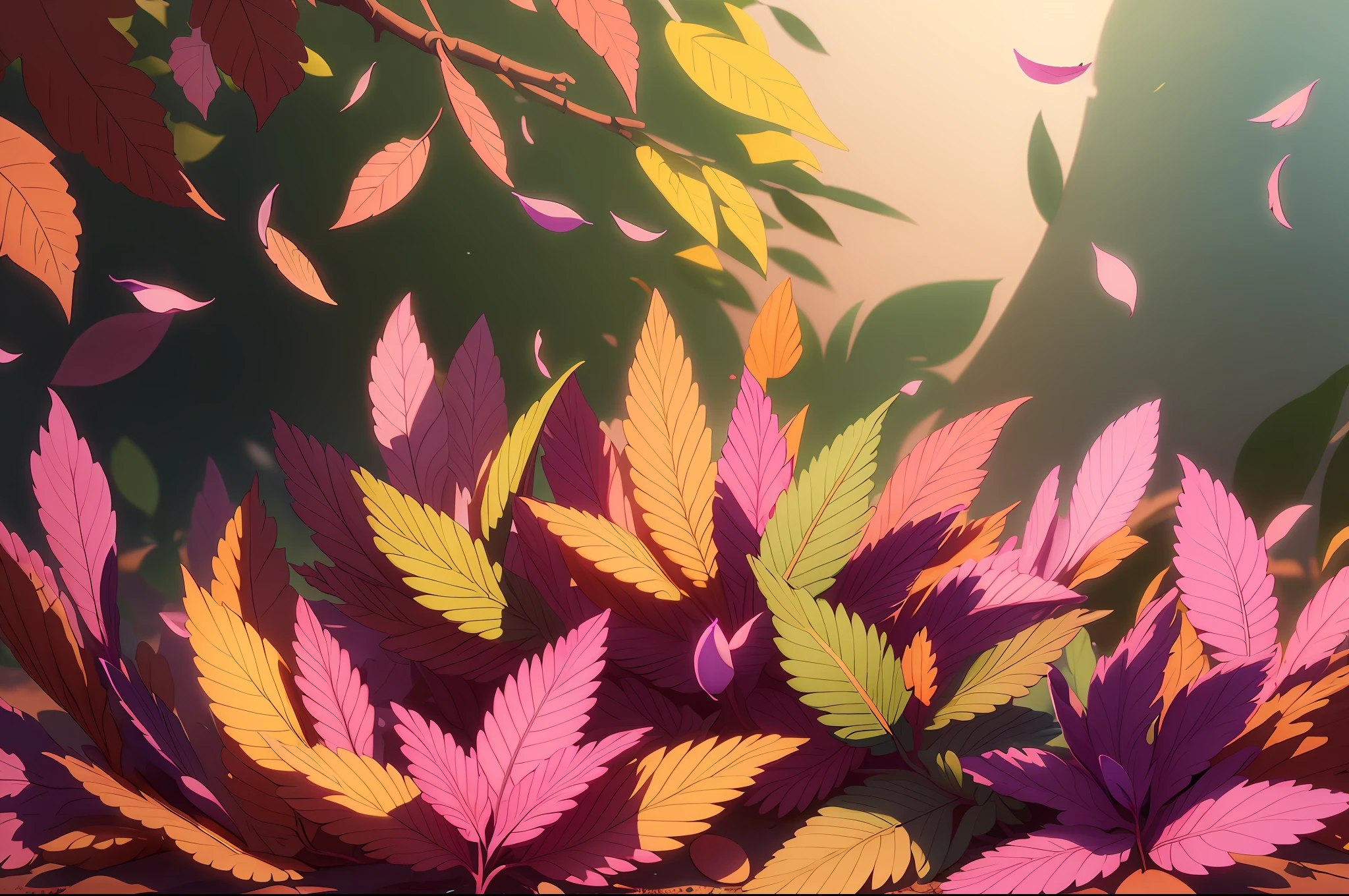 Masterpiece, best quality, (very detailed CG unity 8k wallpaper) (best quality), (best illustration), (best shadows) Nature's delicate leaves petals of various colors falling in the air light Tracking, super detailed , wanostyle --v6