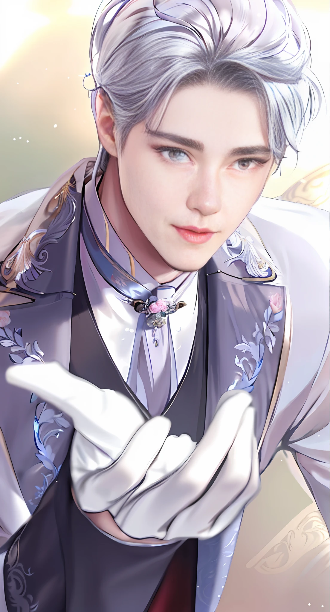a close up of a person in a suit pointing at something, delicate androgynous prince, beautiful androgynous prince, handsome prince, heise jinyao, inspired by Bian Shoumin, sakimichan, ((wearing aristocrat robe)), royal elegant pose, handsome guy in demon slayer art, cai xukun, sakimichan frank franzzeta