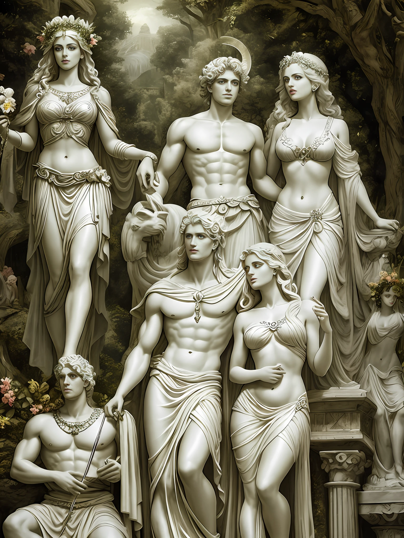 Greek god Hades, the lord of the underworld, and Greek goddess Persephone, the goddess of spring. Extraordinary beauties, perfect bodies, detailed rendering.
