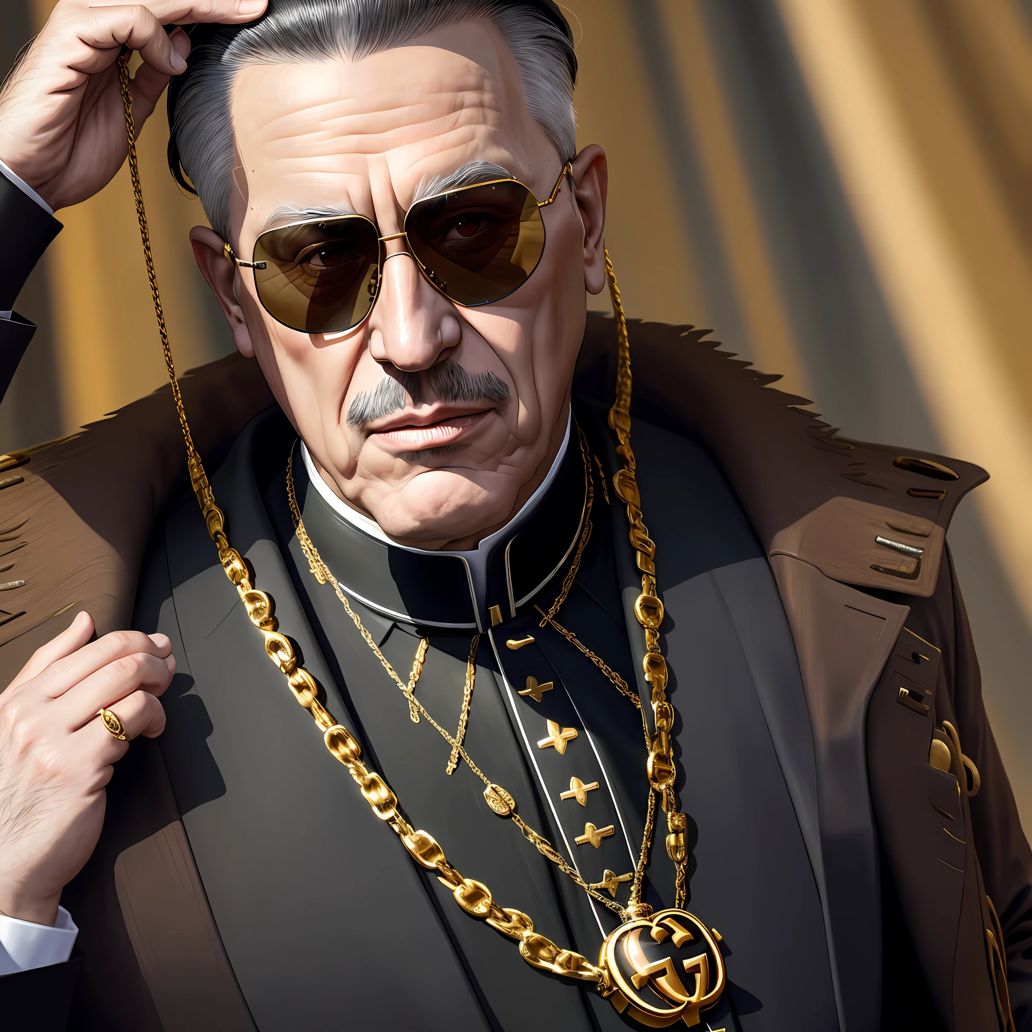 (papa francisco), stylish, wearing (Gucci coat), golden chains around neck, (dark sunglasses), powerful and confident demeanor.