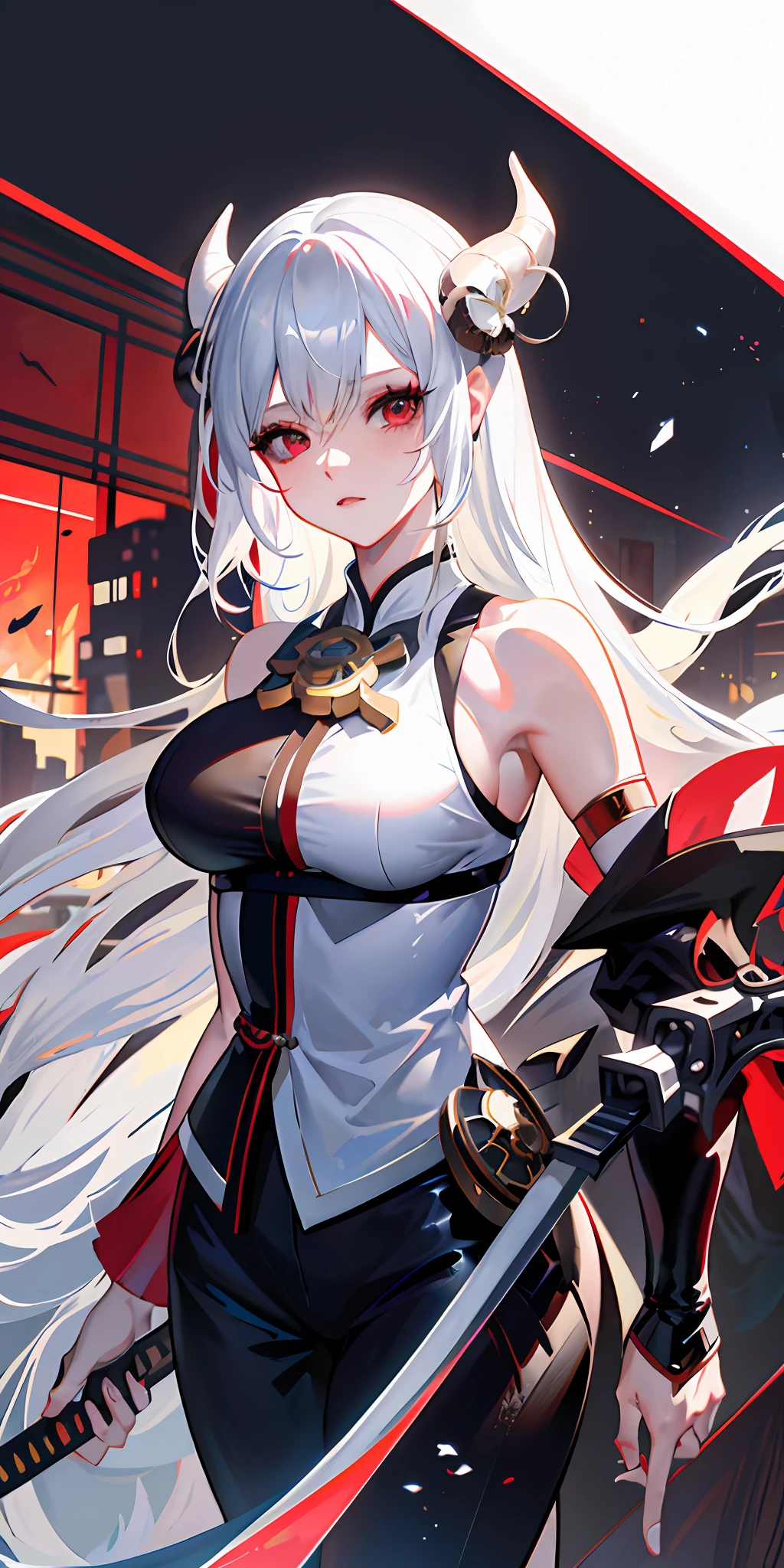 anime character with white hair and horns holding a sword, anime girl wearing a black dress, white haired deity, best anime 4k konachan wallpaper, badass anime 8 k, tifa lockhart with white hair, white haired, white haired lady, onmyoji detailed art, anime style 4 k, perfect white haired girl, onmyoji, seductive anime girl