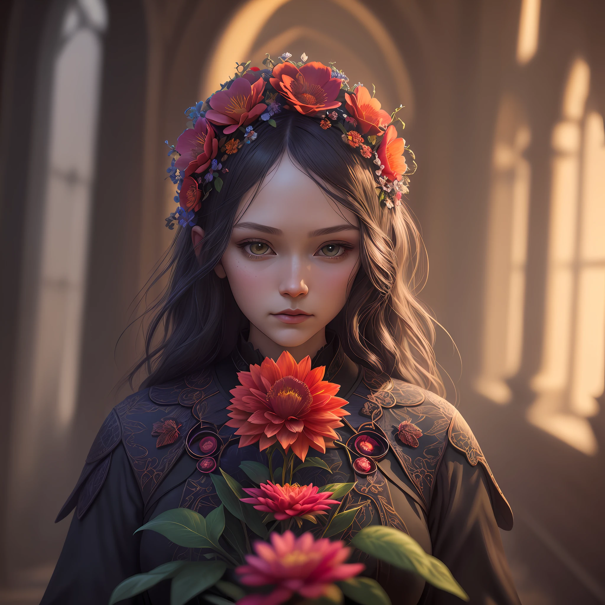 A flower by Casey Weldon, Olga Kvasha, Miho Hirano, hyperdetailed intricately detailed gothic art trending on Artstation triadic colors Unreal Engine 5 detailed matte painting, deep color, fantastical, intricate detail, splash screen, complementary colors, fantasy concept art, 8k resolution, gothic deviantart masterpiece, (dark shot:0.9), art by greg rutkowski and artgerm, soft cinematic light, adobe lightroom, photolab, hdr, intricate, highly detailed, (depth of field:1.4)