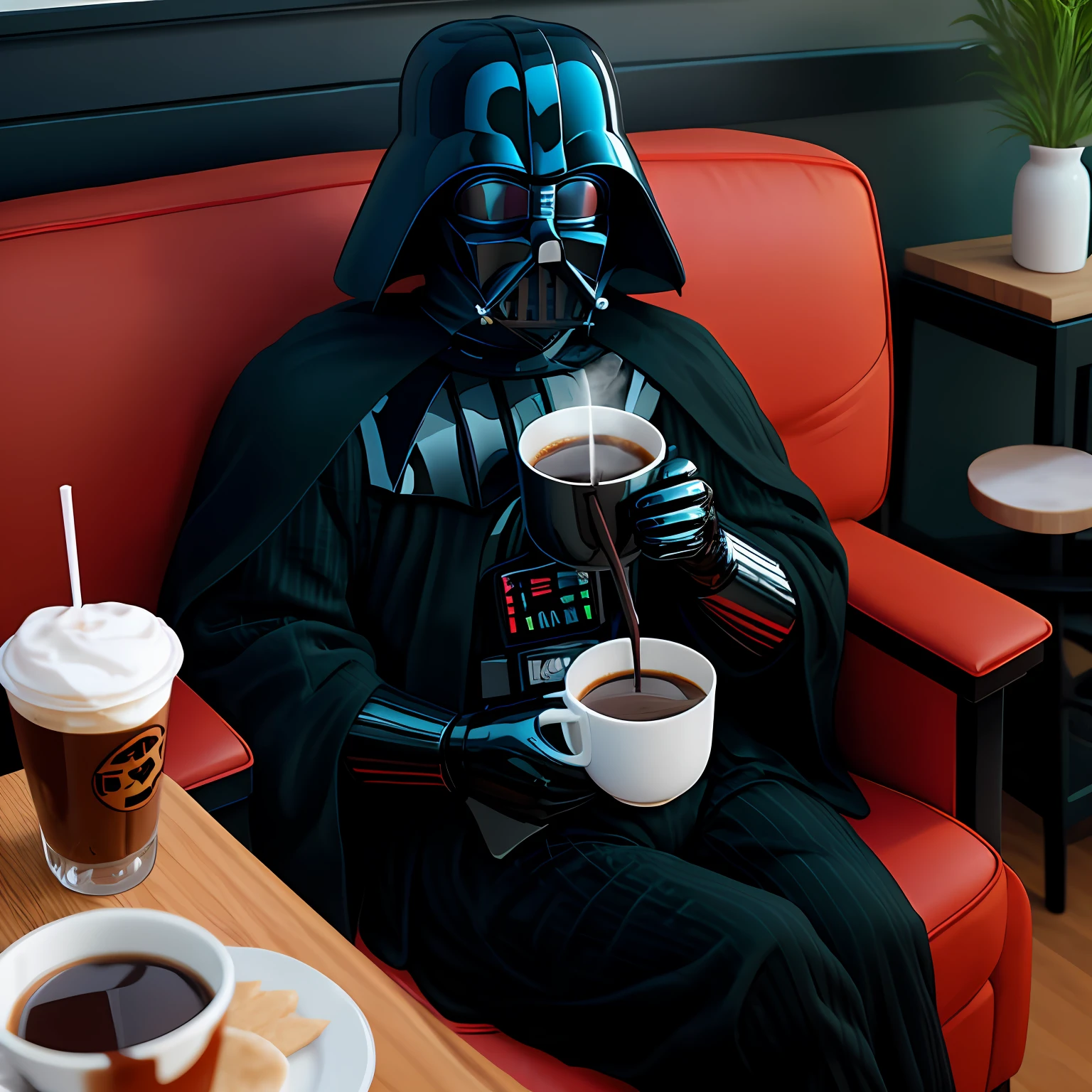 Darth Vader drinking coffee in teddy bear pajamas