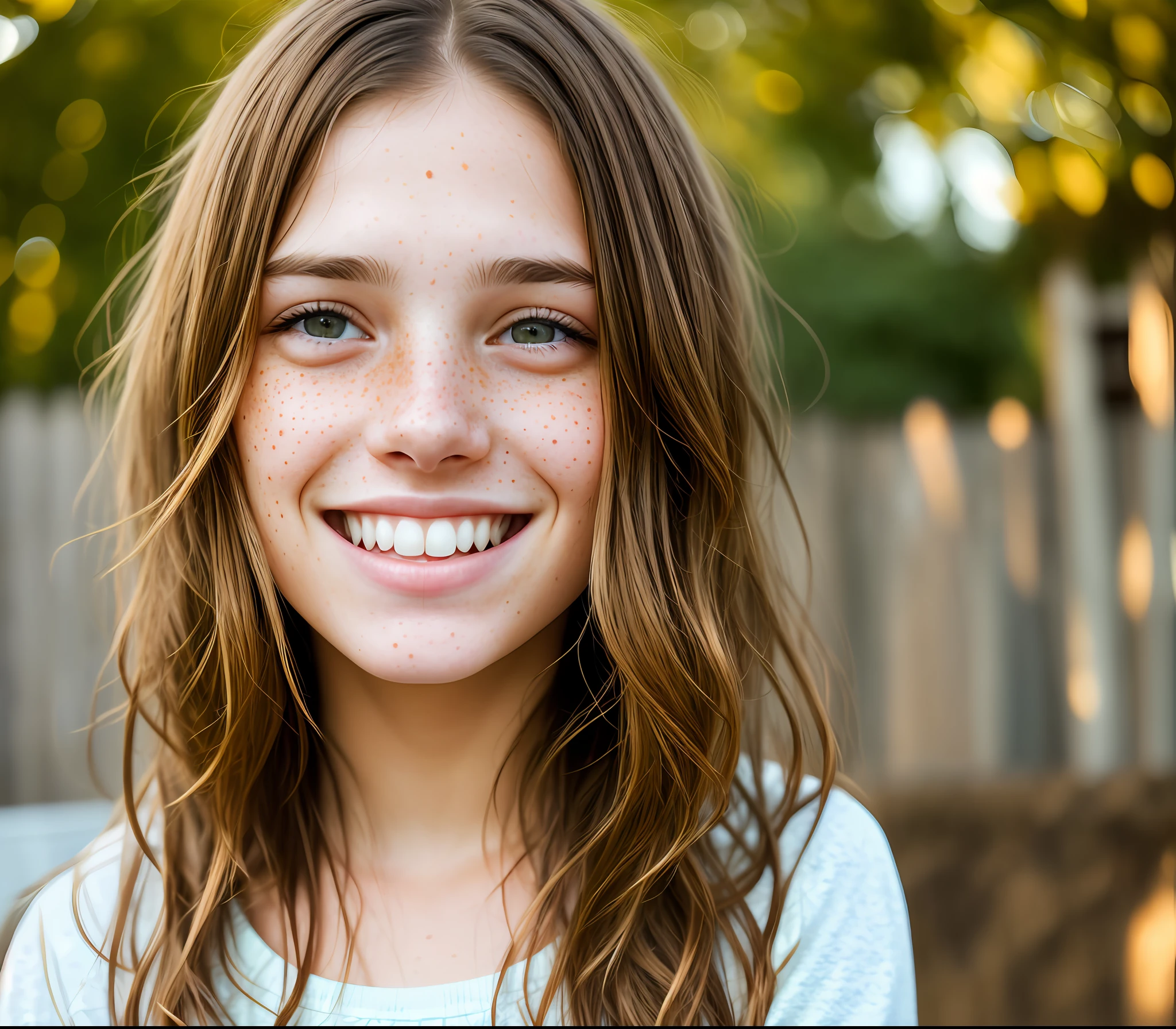 photo of a real girl., smile, brown hair, light waves in the hair, freckles, ultra realistic, highly detailed, intricate, photorealistic, sharp focus style photography in the eyes, cinematic lighting, (((1 girl)), backyard background