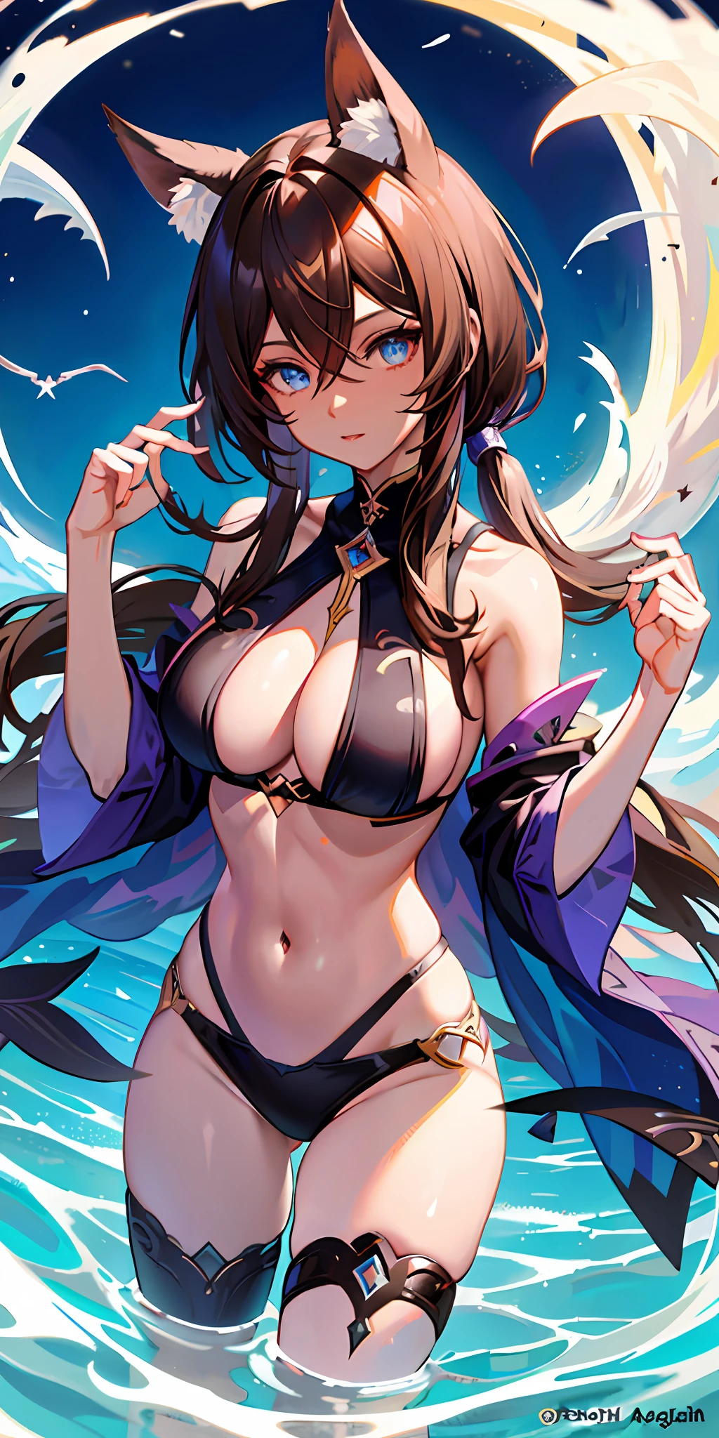 dehya from genshin impact, pretty face, perfect body, fit body, abdomen, big breasts, muscular, dark skin, brown hair, blue eyes, cat ears