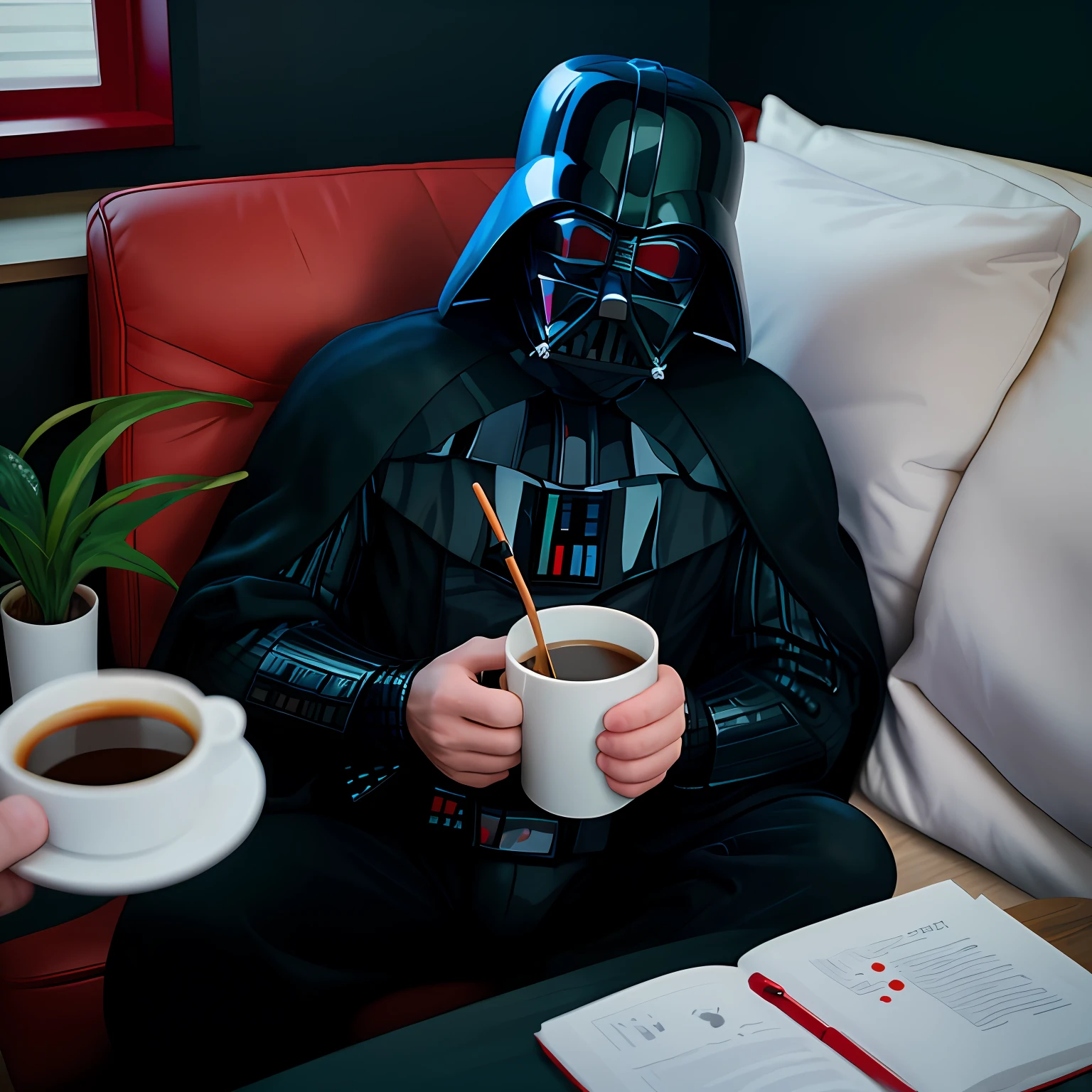 Darth Vader drinking coffee in teddy bear pajamas