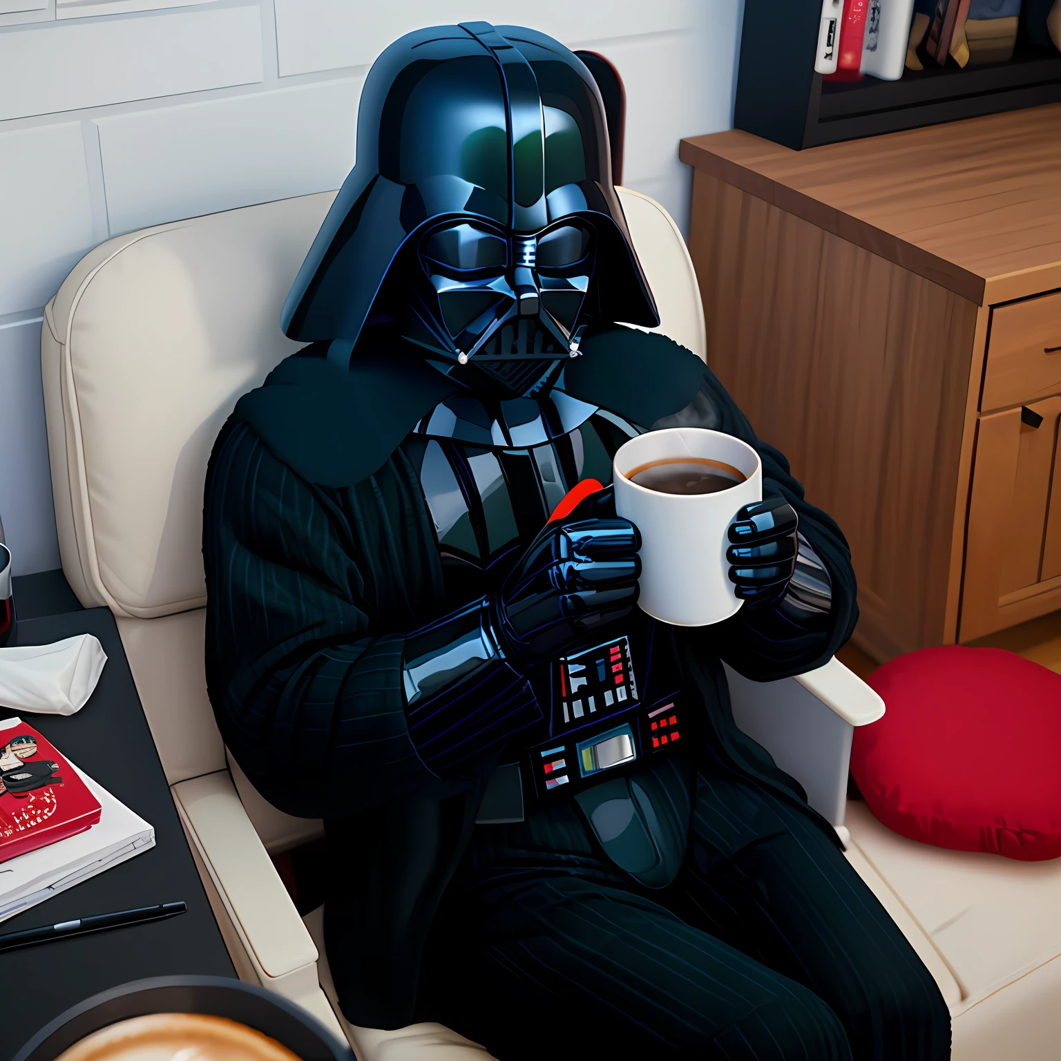 Darth Vader drinking coffee in teddy bear pajamas