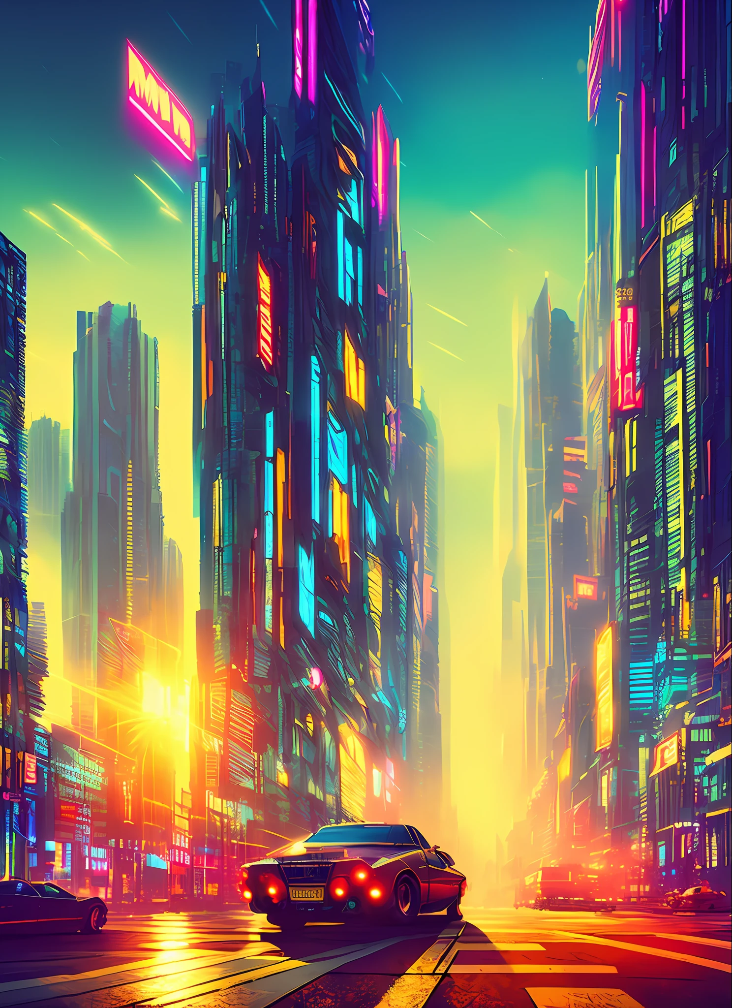 (masterpiece, best quality:1.4), cinematic light, colorful, high contrast, cyberpunk, neon, city, cityscape,  (day:1.2), sky, sunlight,