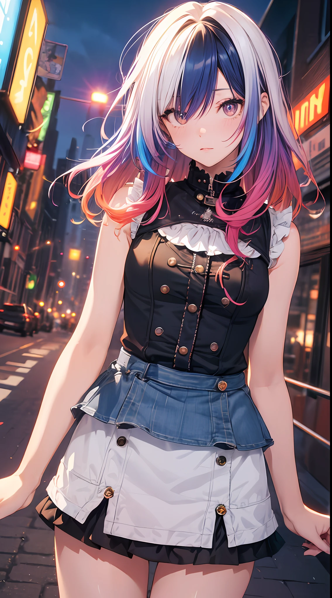 NY, (gradient hair, dutch angle:1.3), film grain, chromatic aberration, city, masterpiece, best quality, raw photo, photorealistic, absurdres, 1girl, cute, perspective, cowboy shot, highres, ultra detailed, detailed eyes and face, sharp pupils, realistic pupils, sharp focus, summer, night,