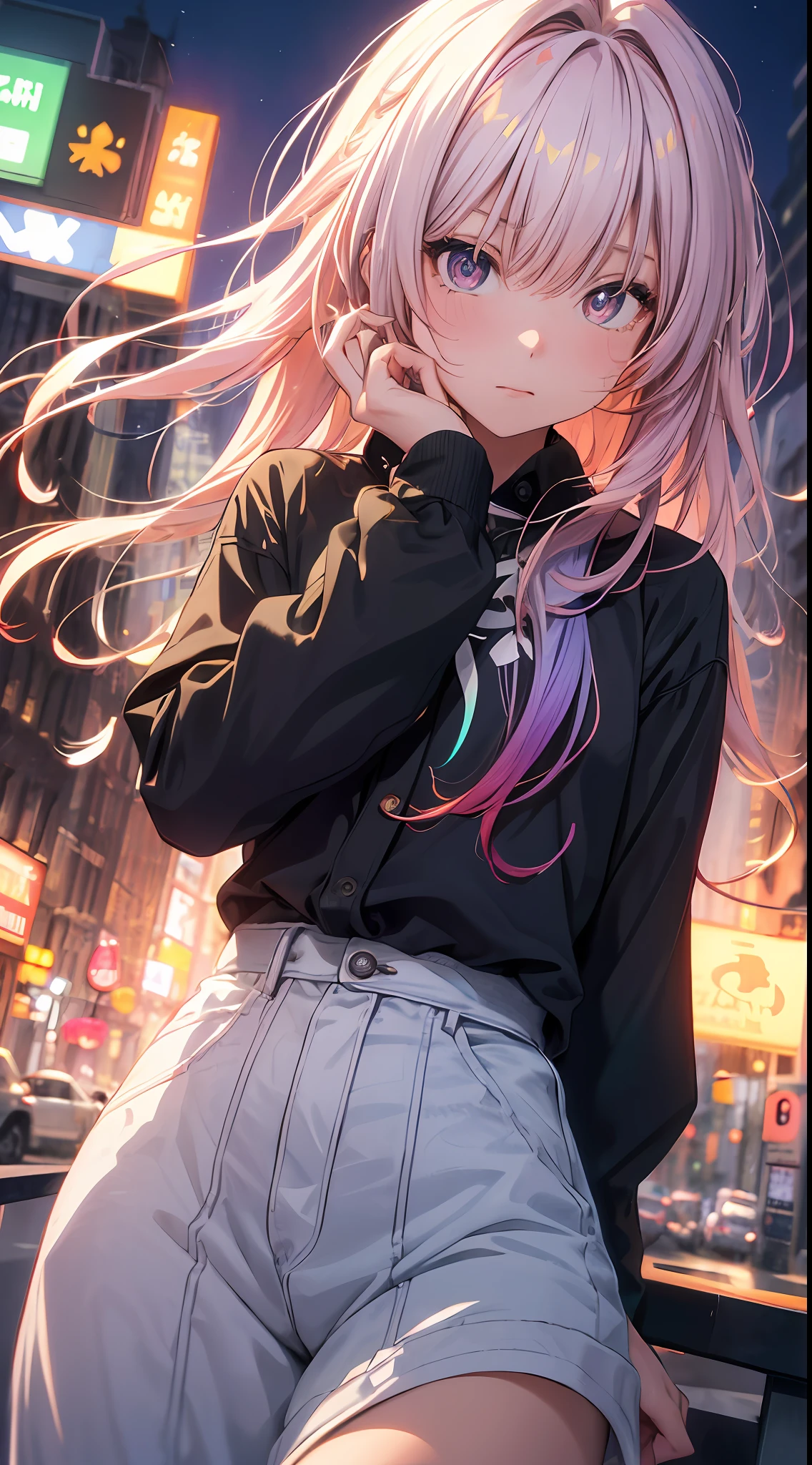 NY, (gradient hair, dutch angle:1.3), film grain, chromatic aberration, city, masterpiece, best quality, raw photo, photorealistic, absurdres, 1girl, cute, perspective, cowboy shot, highres, ultra detailed, detailed eyes and face, sharp pupils, realistic pupils, sharp focus, summer, night,
