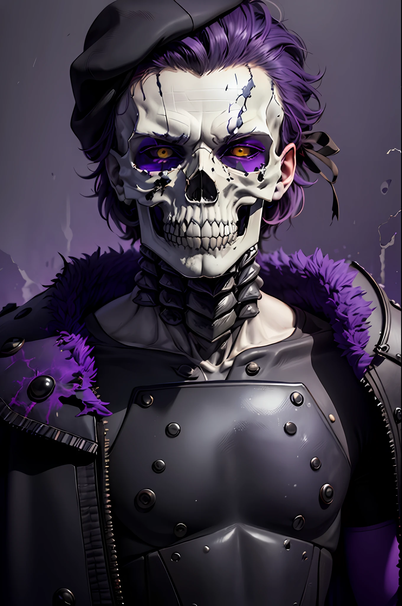 monochrome, grayscale, solo, 1boy, male focus, simple background, purple and black military beret, black background, upper body, looking at the viewer, (mask), facing the viewer, (((skull))), yellow eyes, (((black sclera)), purple technological clothing, heavy armor, crumpled skin, skin fragmentation, fragmented skin, crumpled skin, cracked skin, skin torn into pieces, ceramic style,