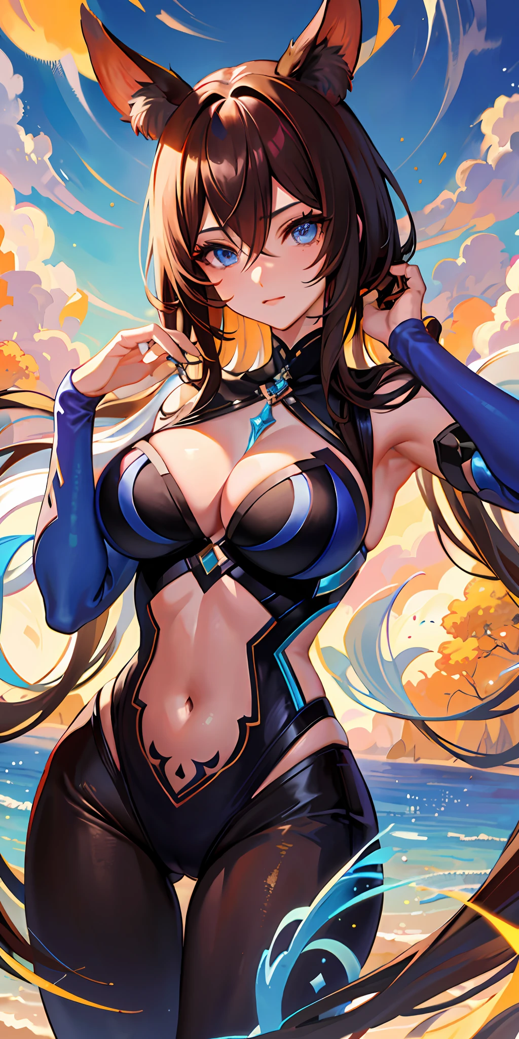 dehya from genshin impact, pretty face, perfect body, fit body, abdomen, large breasts, muscular, tanned skin, brown hair, blue eyes, cat ears