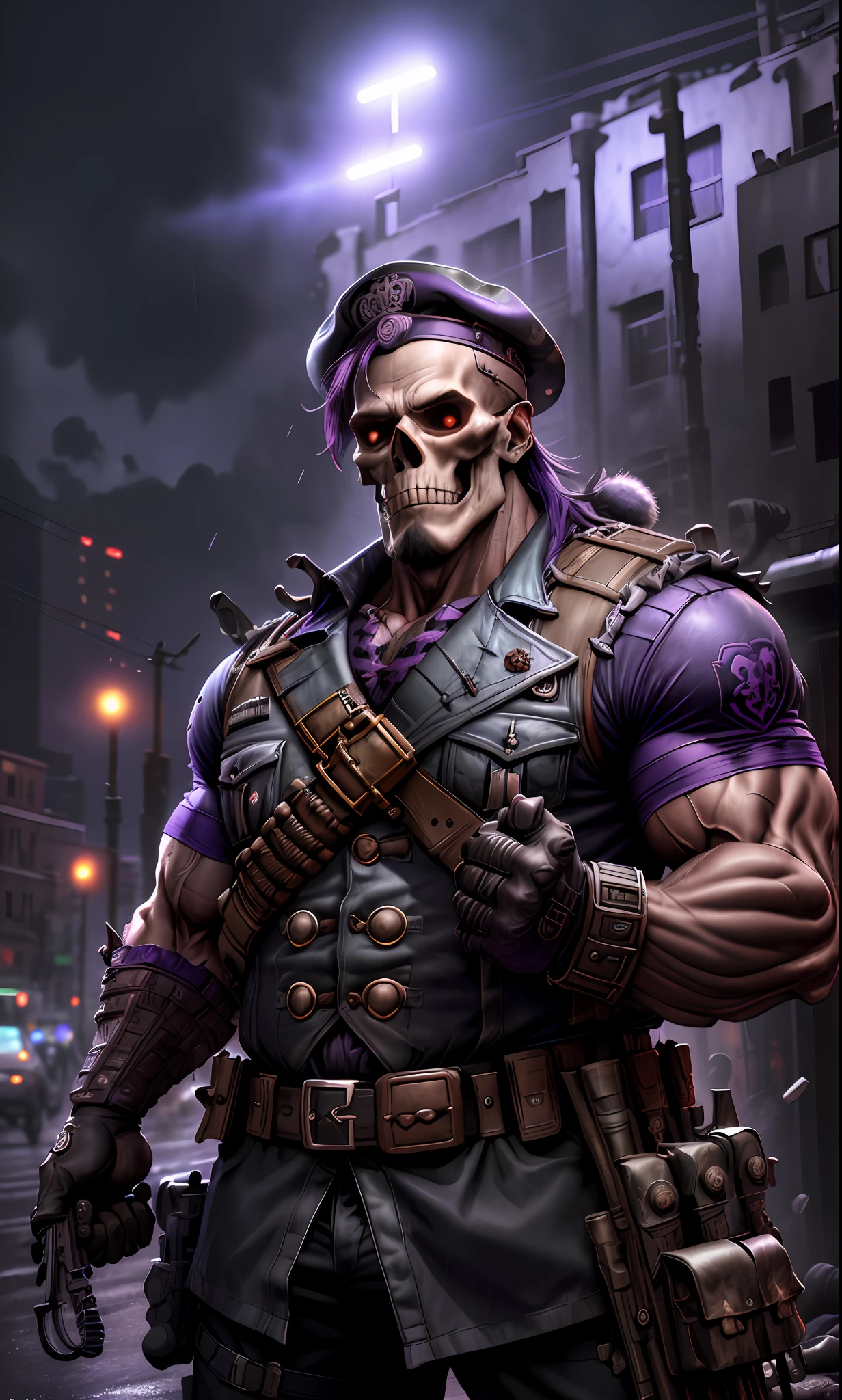 Guerrilla((((muscular))) skull skull with black and purple worn uniform, purple and black beret,uses rifle, ruined background, realistic, stylish, rutkowski, hdr, intricate details, hyperdetailed, cinematic, rim light, danger atmosphere, noir, night, red light, dark street, rain, 4k