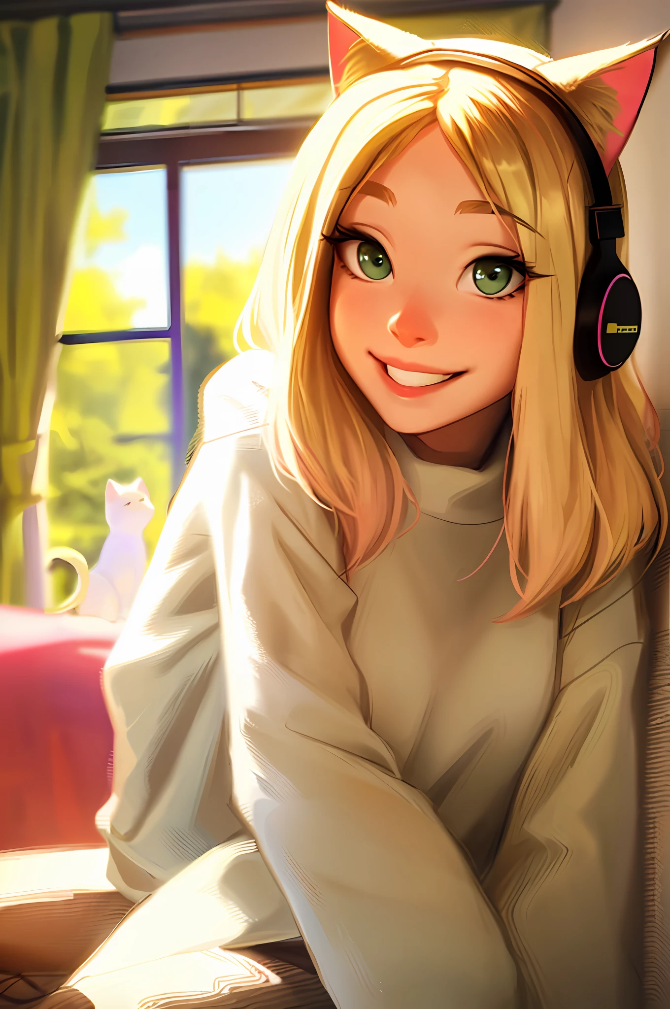 sam yang, 1woman, green eyes, black hair, blurry background, pink bedroom, medium hair, solo, ((masterpiece)), facing viewer, cat ear headphones, smiling, full lips, hanging breasts