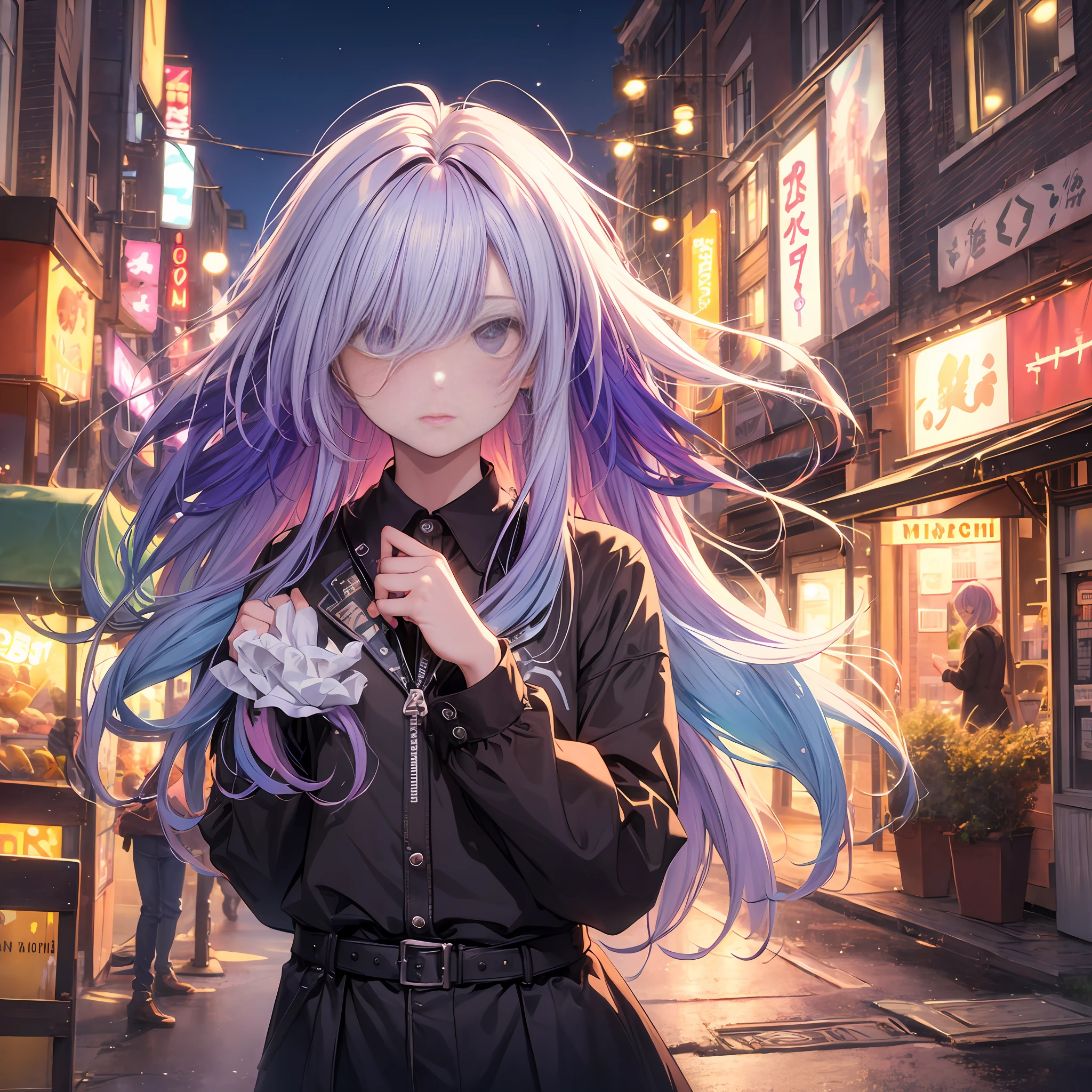NY, (gradient hair, dutch angle:1.3), film grain, chromatic aberration, city, masterpiece, best quality, raw photo, photorealistic, absurdres, 1girl, cute, perspective, cowboy shot, highres, ultra detailed, detailed eyes and face, sharp pupils, realistic pupils, sharp focus, summer, night,