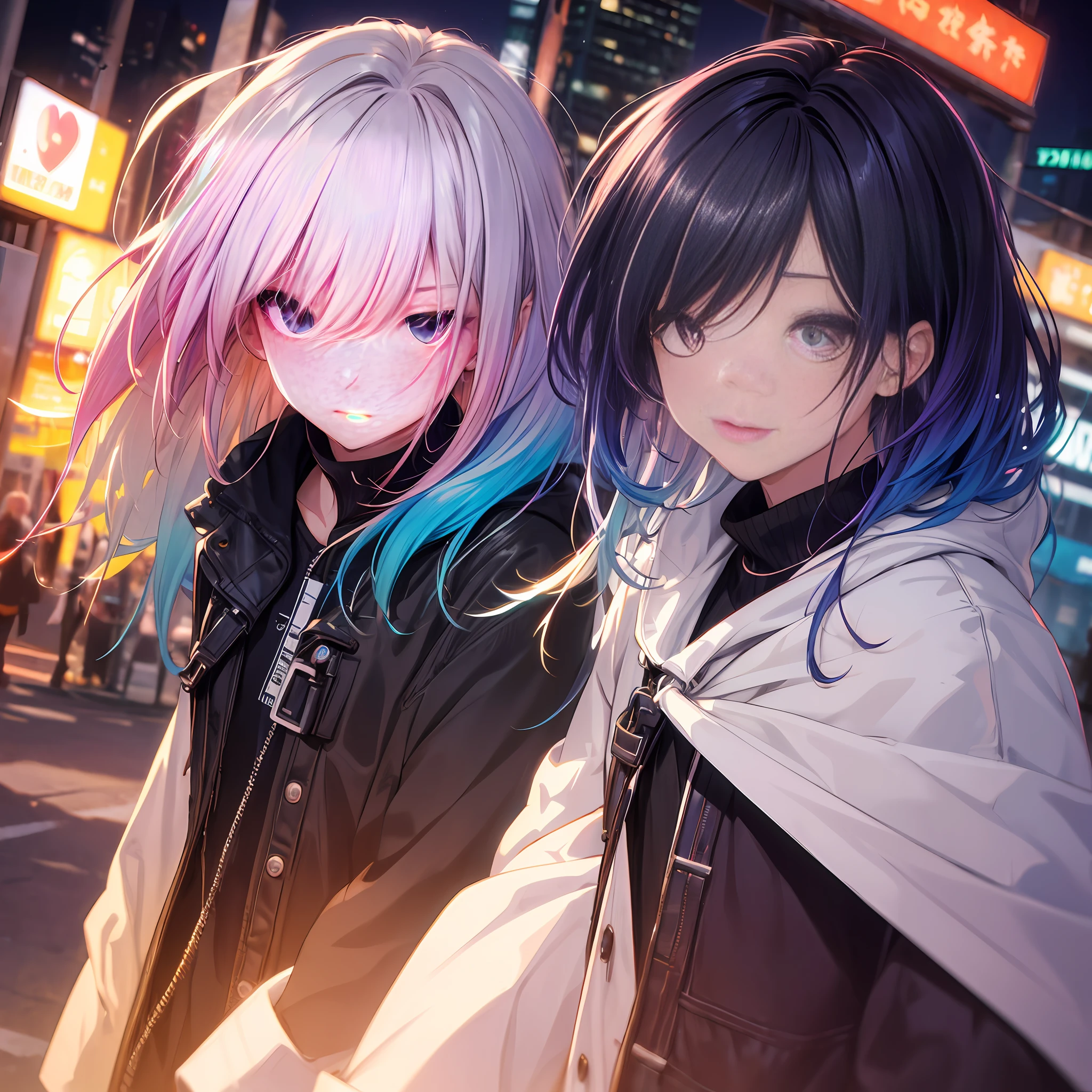 NY, (gradient hair, dutch angle:1.3), film grain, chromatic aberration, city, masterpiece, best quality, raw photo, photorealistic, absurdres, 1girl, cute, perspective, cowboy shot, highres, ultra detailed, detailed eyes and face, sharp pupils, realistic pupils, sharp focus, summer, night,