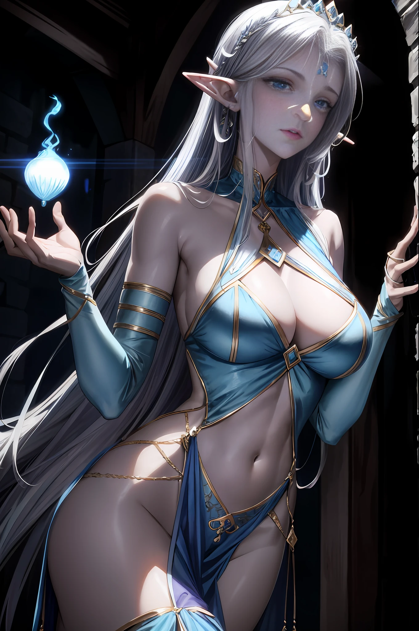 A tall and beautiful elf woman, light blue glowing eyes, cold expression, proud posture, chest up, lavender skin, purple facial tattoos, silver tied hair, exposed chest, exposed shoulders , showing her navel and thighs, looking up at the camera, in a medieval inn.