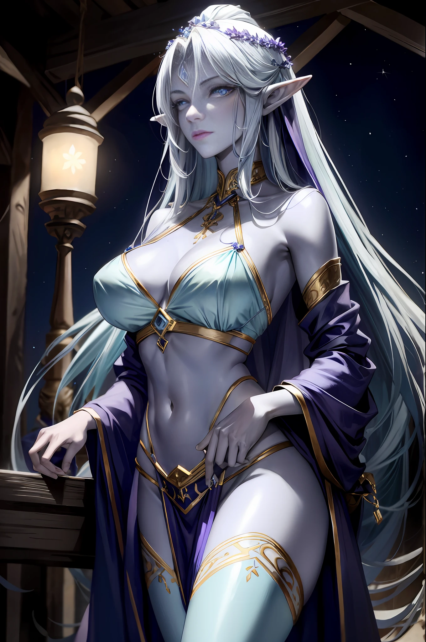 A tall and beautiful elf woman, light blue glowing eyes, cold expression, proud posture, chest up, lavender skin, purple facial tattoos, silver tied hair, exposed chest, exposed shoulders , showing her navel and thighs, looking up at the camera, in a medieval inn.