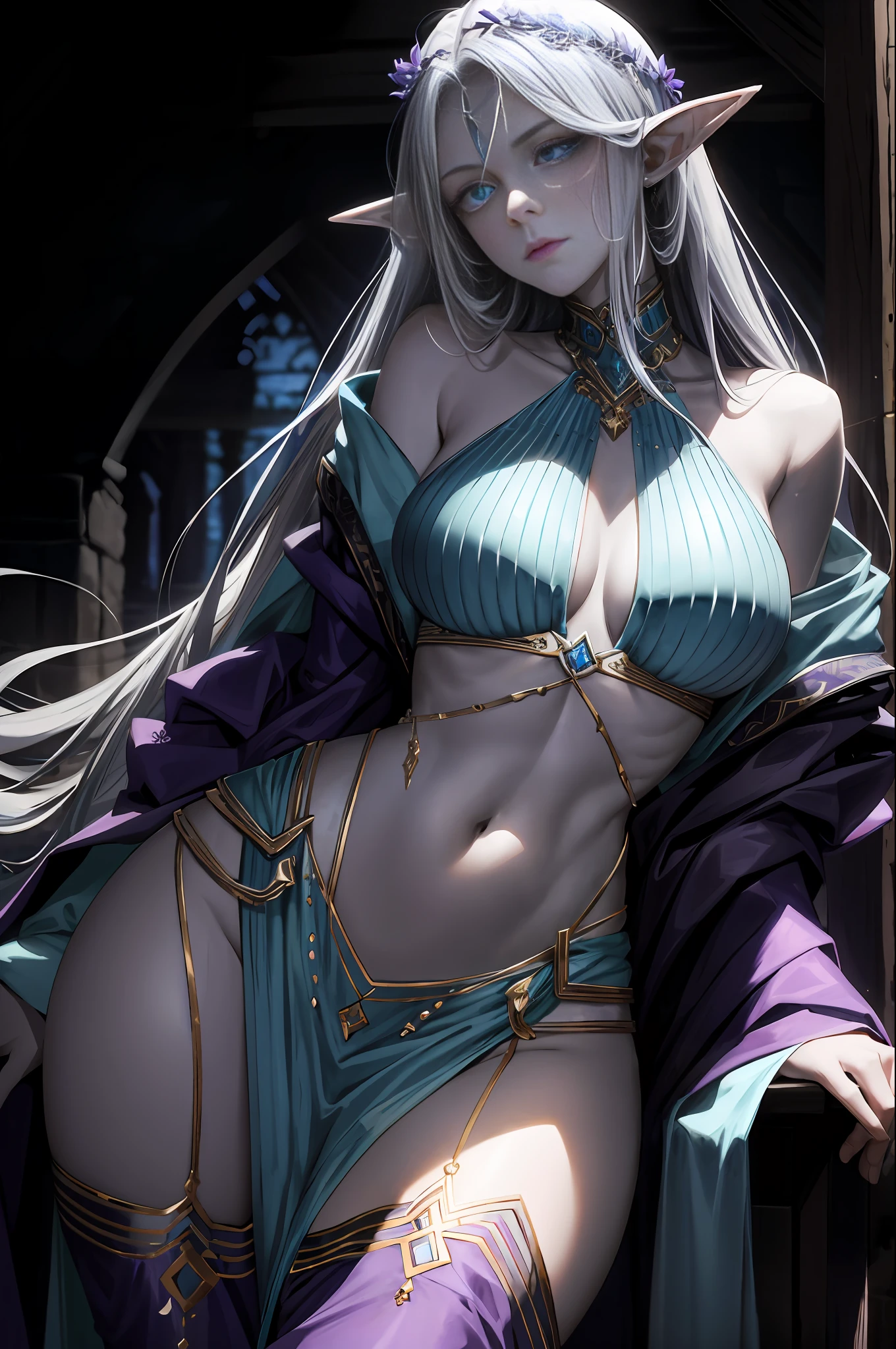 A tall and beautiful elf woman, light blue glowing eyes, cold expression, proud posture, chest up, lavender skin, purple facial tattoos, silver tied hair, exposed chest, exposed shoulders , showing her navel and thighs, looking up at the camera, in a medieval inn.