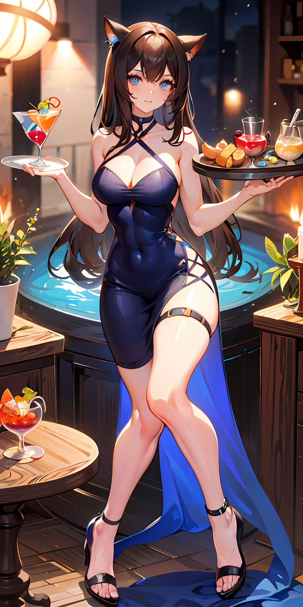 pretty face, perfect body, fit body, abdomen, large breasts, muscular, tanned skin, brown hair, blue eyes, cat ears, cocktail dress