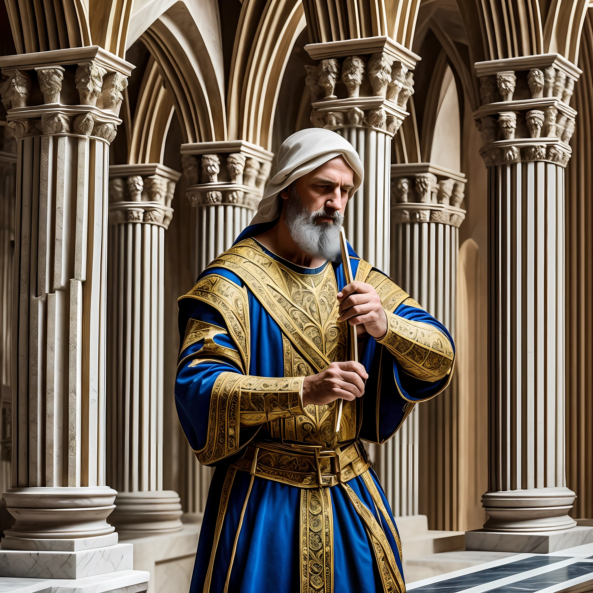 A man, a medieval artist working, making a marble sculpture, scenery columns of Malquita and gold and Gothic arches, ultra realistic, photo realistic, 4K, highly detailed, intricate detail, 8K resolution
