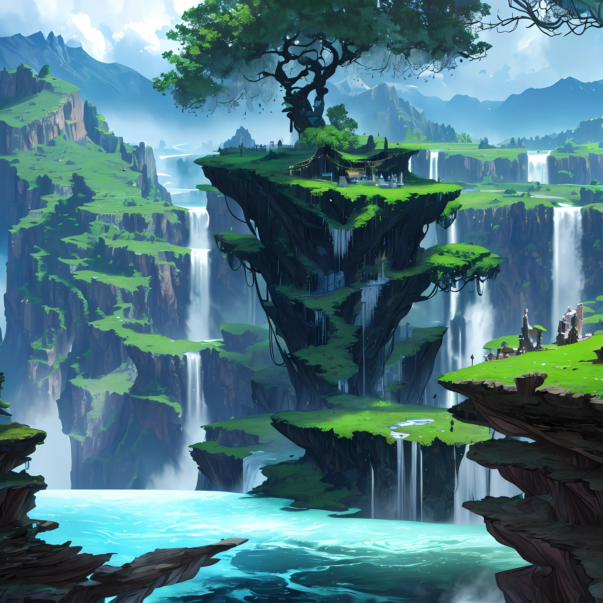 (extremely detailed CG unity 8k wallpaper,masterpiece, best quality, ultra-detailed),fantasy city on a mountaintop, surrounded by (magnificent waterfalls:1.2), breathtaking scenery.
